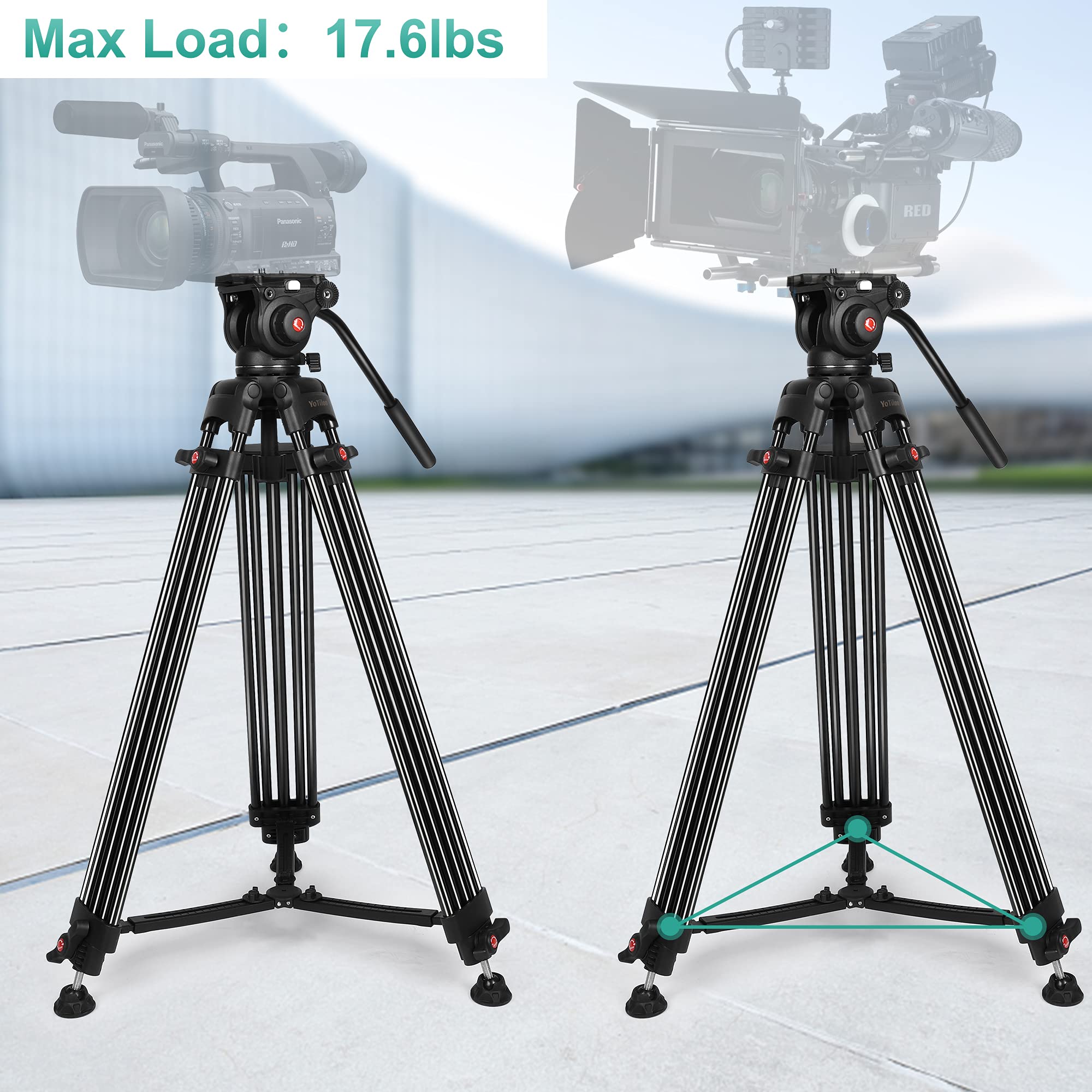Yotilon Heavy Duty Tripod,70.8 Inch Professional Video Tripod With Fluid Head And Max Loading 17.6 Lb, Universal Qr Plate, For Hdslr And Interchangeable Lens Cameras, Camcorder.