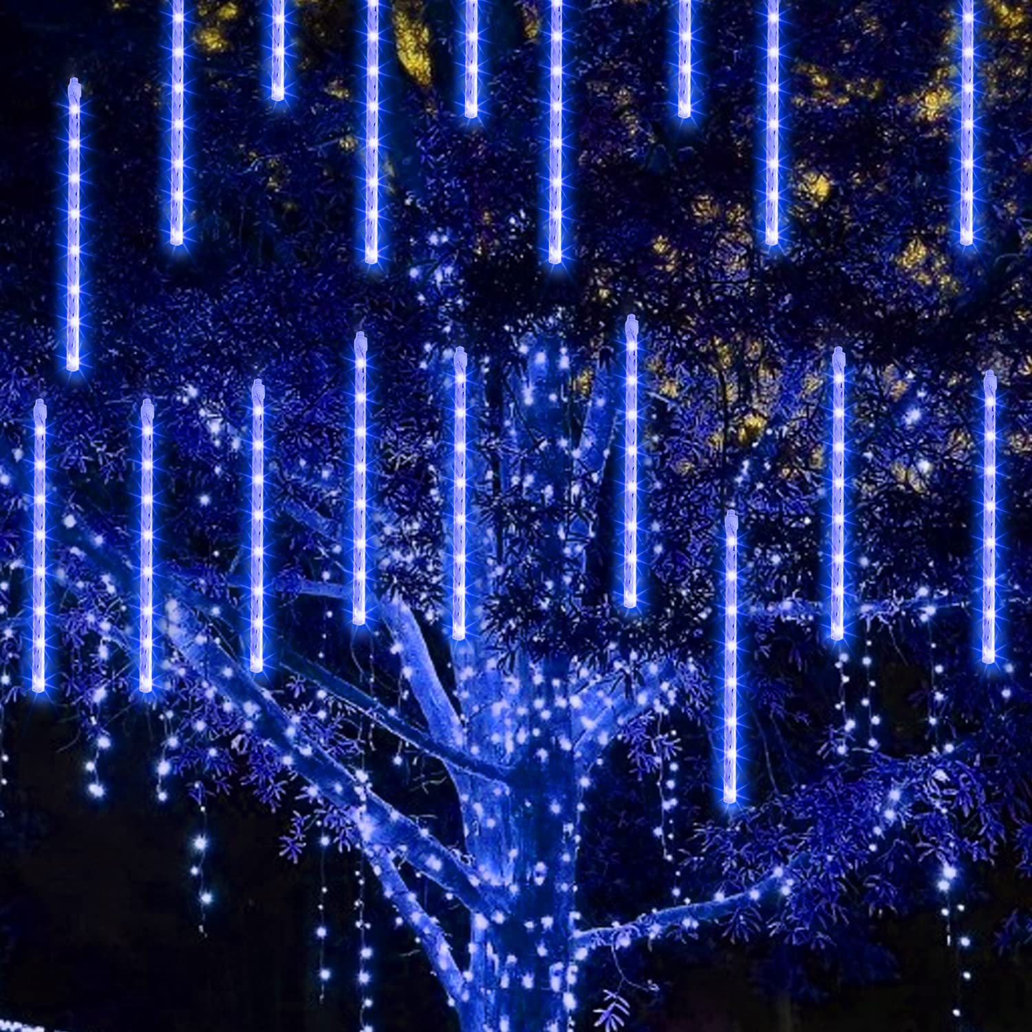 Tw Shine Christmas Lights Outdoor, 288 Led 12" 8 Tubes Meteor Shower Lights Outdoor Christmas Decorations Plug In, Waterproof Snow Falling Rain Icicle Xmas Lights For Tree Decor, Blue