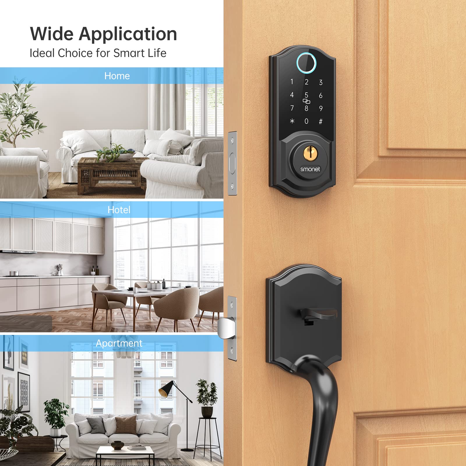 Smonet Smart Lock,Smart Locks For Front Door,Fingerprint Smart Deadbolt 8-In-1 Keyless Entry Digital Passcode Key Fob Bluetooth Electronic Keypad Deadbolt Easy To Install