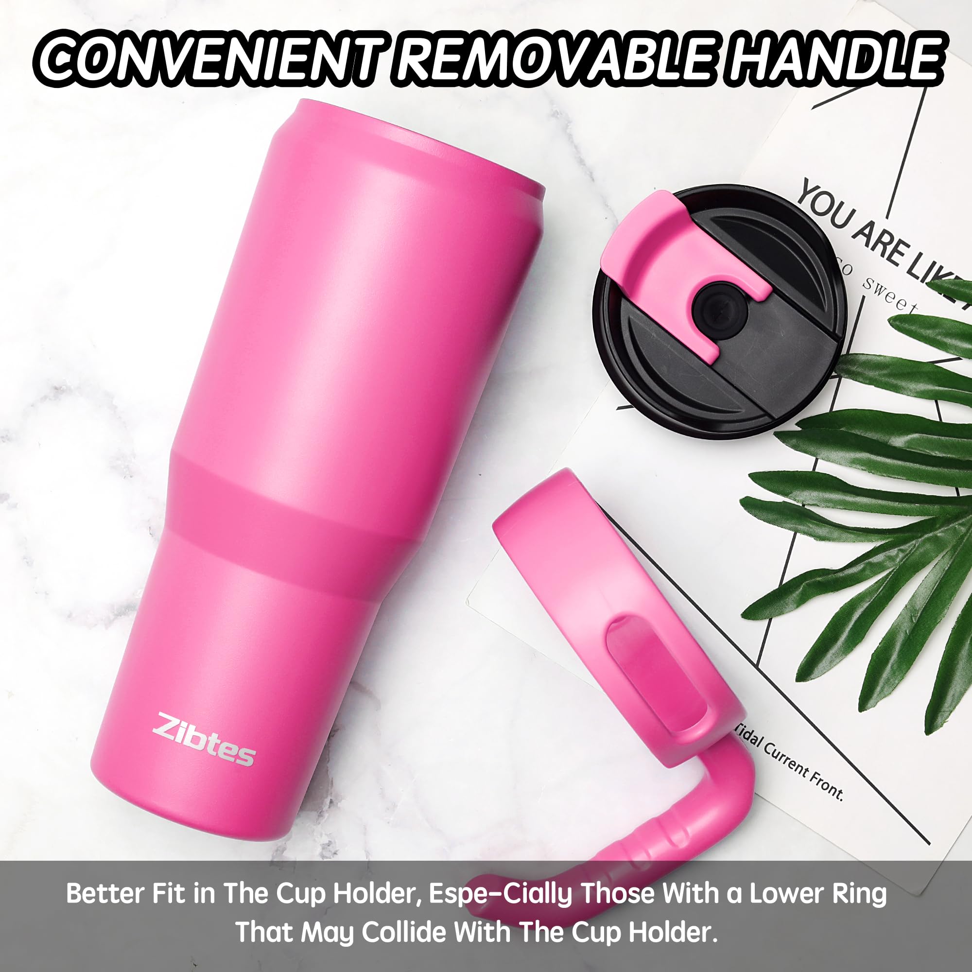 Zibtes 40 Oz Insulated Tumbler With Handle And Straws Lid, Stainless Steel Travel Coffee Cup Holder