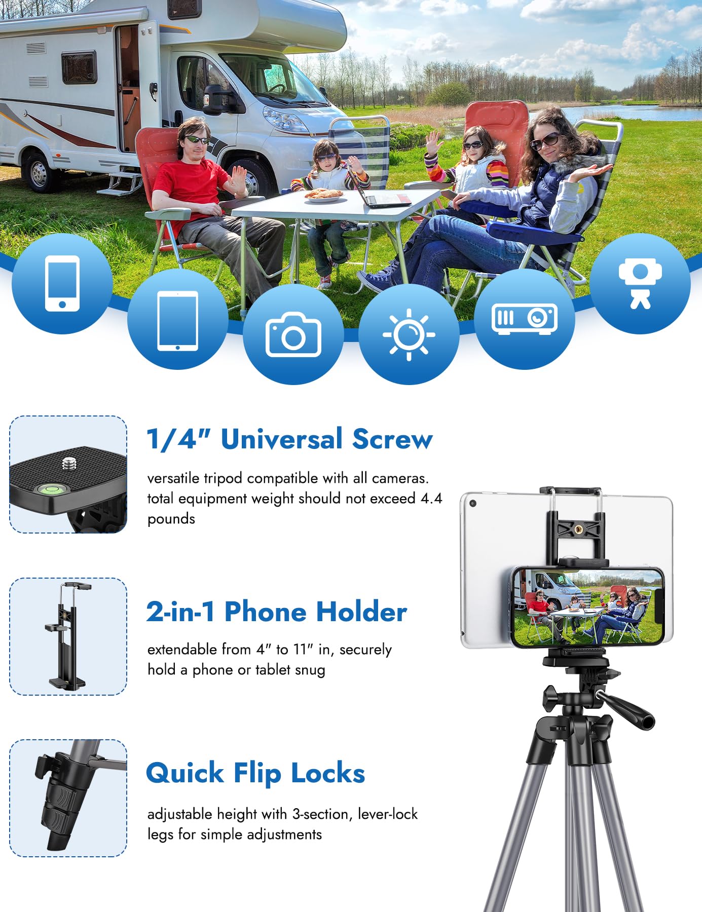 Joilcan 67" Tripods Camera Tripod, Phone Tablet Tripod For Video Recording Vlog Photo With Remote Carry Bag, Aluminum Lightweight Travel Tripods