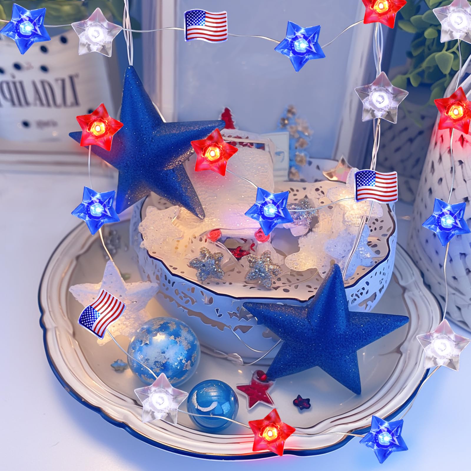 Coquimbo 4Th Of July Decorations Red White Blue String Lights, 10Ft 30 Led Flag Star Patriotic Lights Battery Operated For Indoor Outdoor Memorial Day Independence Day