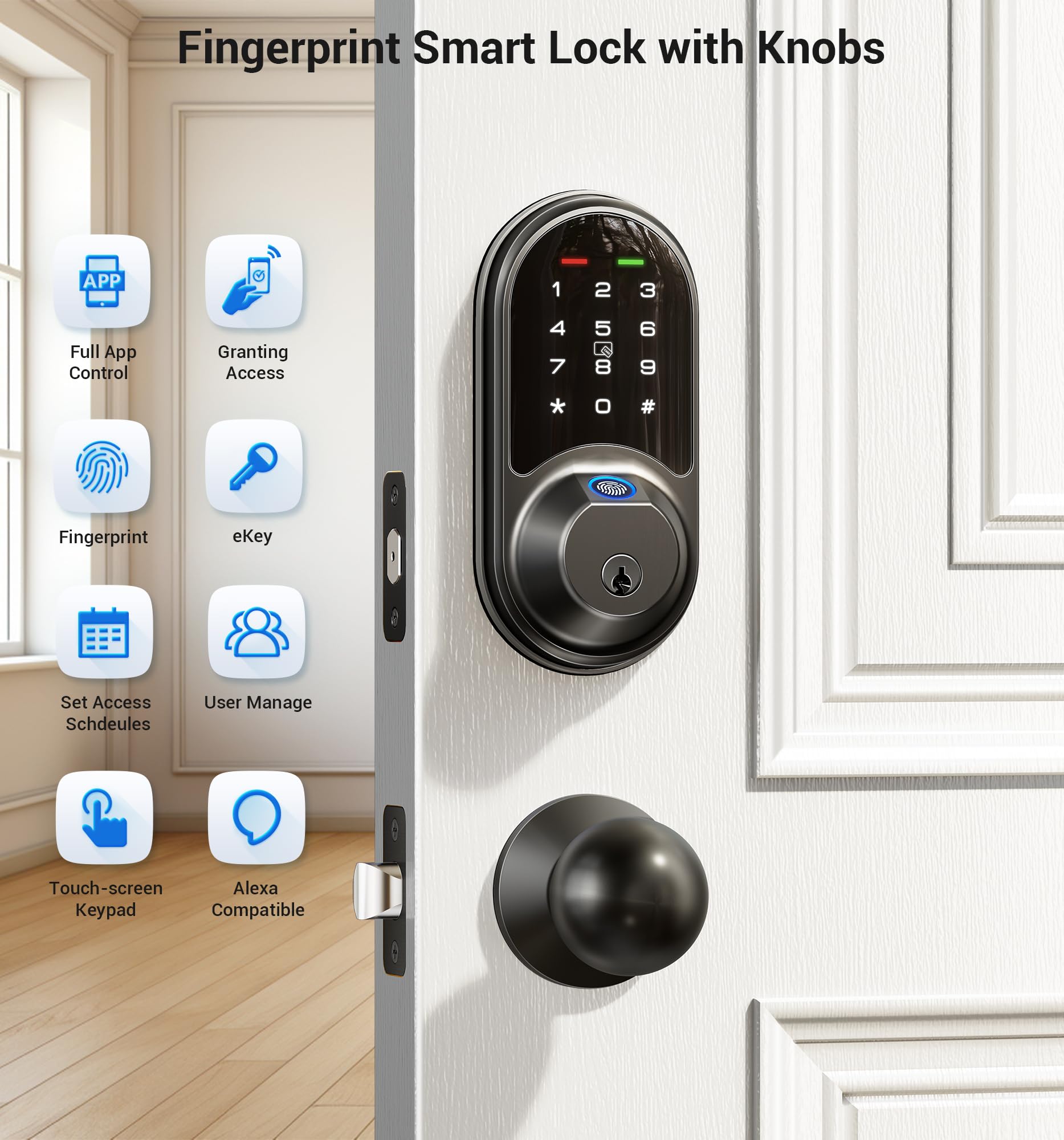 Veise Rz07C Smart Locks For Front Door, 2 Knob Handle Set, Fingerprint Keyless Entry, App Control Biometric Lock, Electronic Digital Touchscreen Keypad Deadbolt, Easy Install, Auto Lock, Matte Black