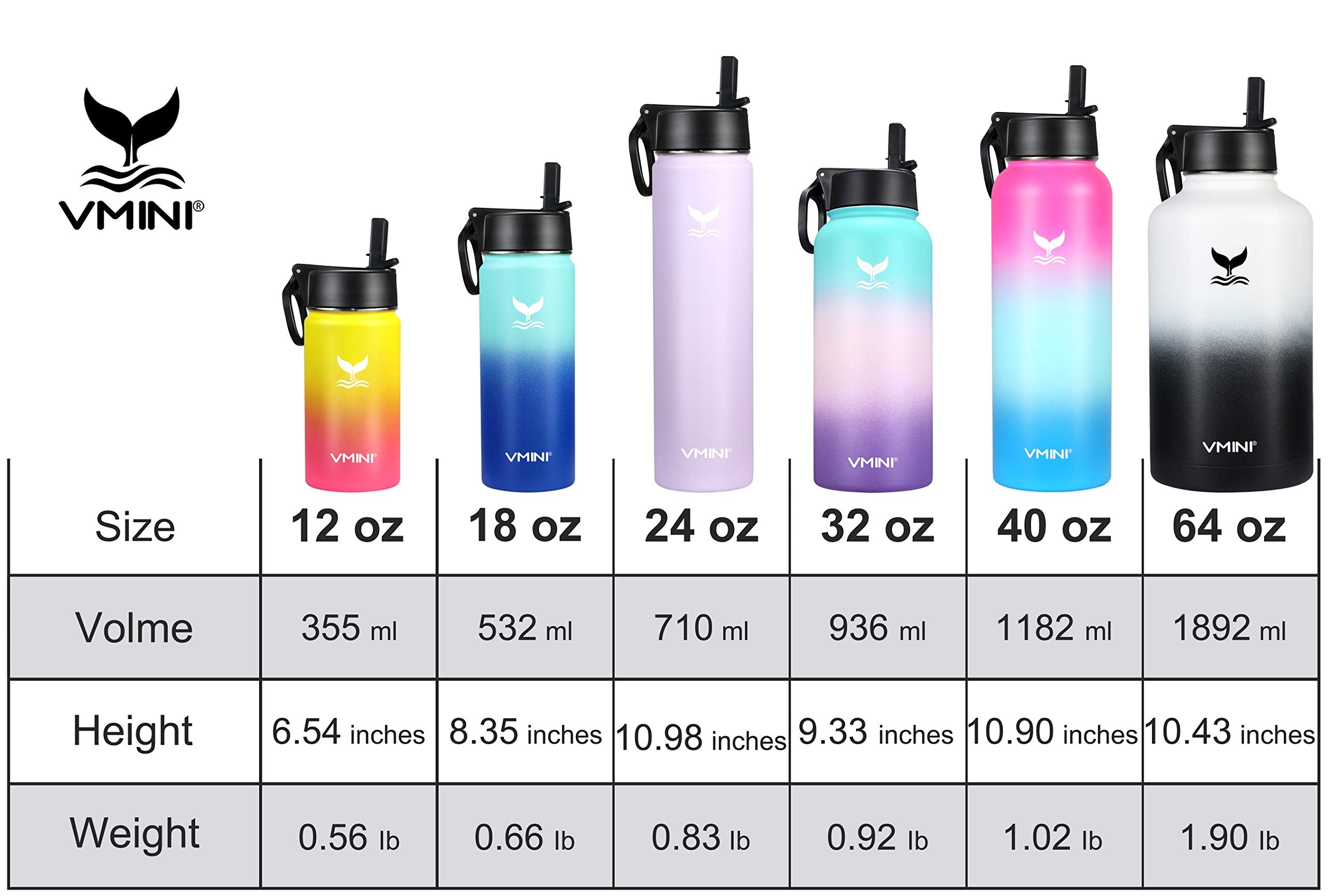 Vmini Water Bottle - Wide Mouth, 18/8 Stainless Steel, Double Wall Vacuum Insulated,  Straw Lid