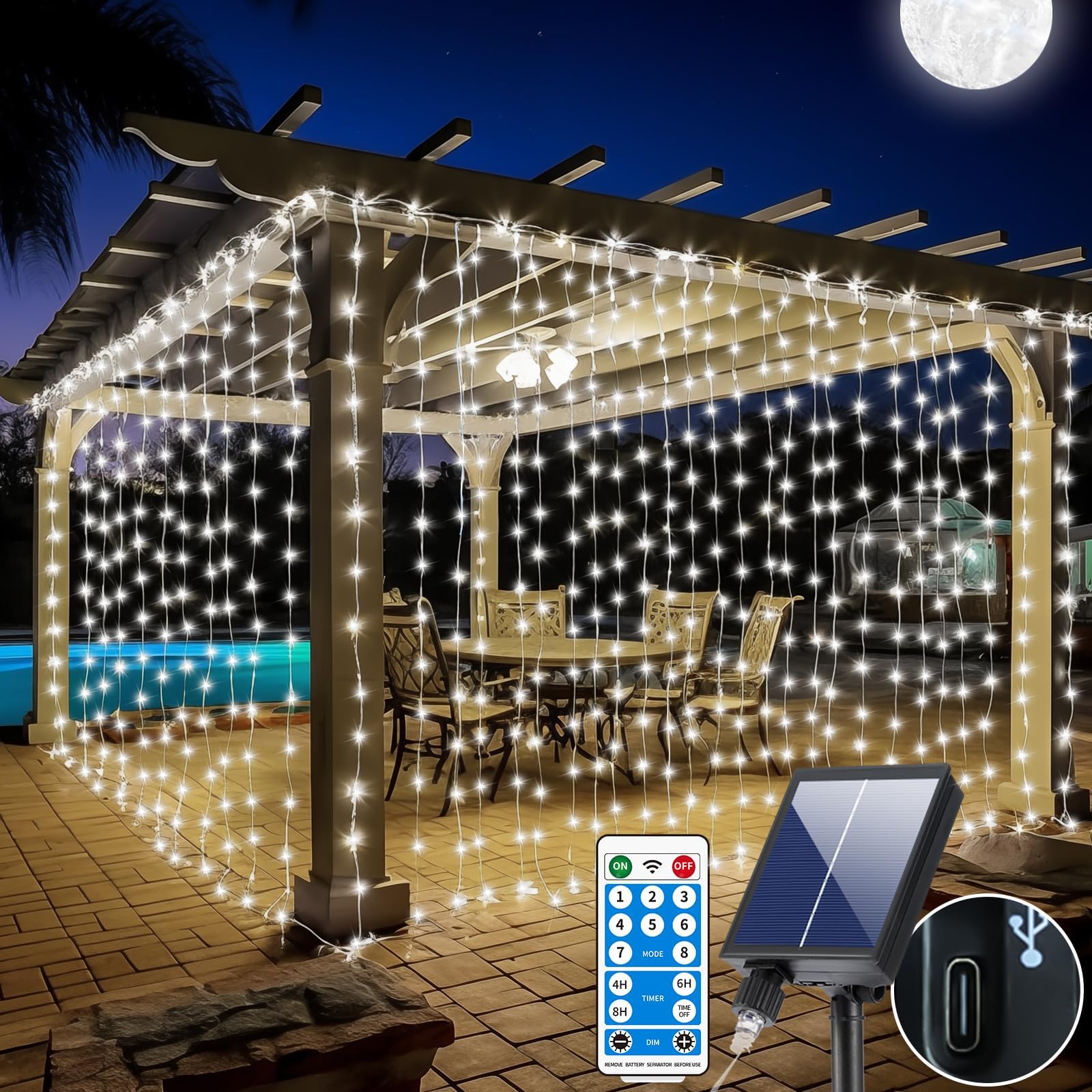 Rcndje 600Led Solar Curtain Lights Waterproof, 20  10Ft Twinkle String Fairy Light Remote Control 8 Mode Dimmable Solar Hanging Waterfall Lights With Usb Rechargeable For Outdoor (Cool White)