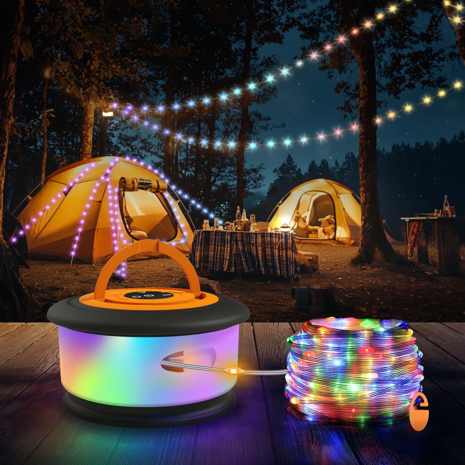 Toheto Camping String Lights, 3 In 1 Retractable Rgb Outdoor String Lights With 19 Lighting Modes,Quick 30S Recovery, 32.8 Ft Portable Tent Lights, Rechargeable Camping Lantern (Black&Orange)