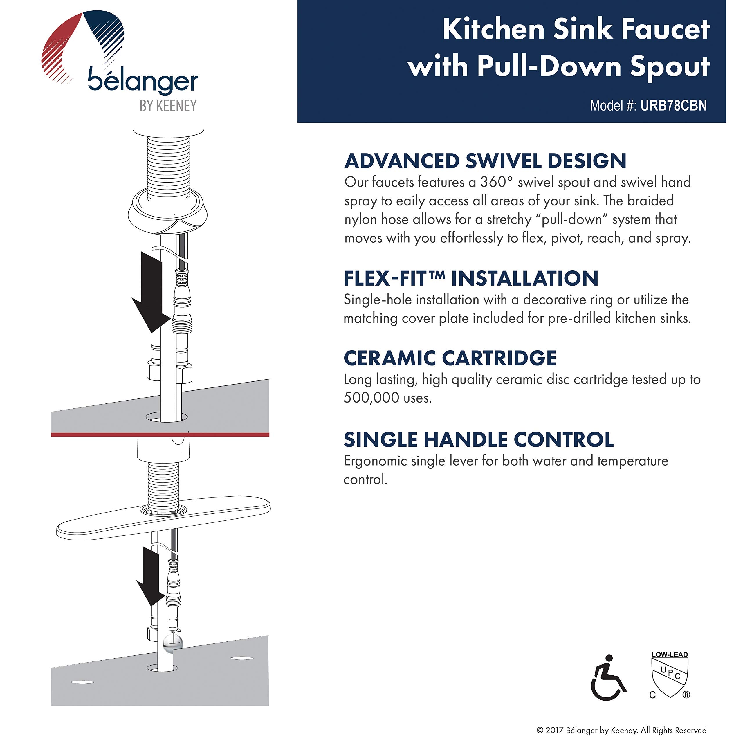 Keeney Urb78Cbn Single Handle Pull Down Kitchen Faucet With Dual Spray Pattern And Pause Button, Brushed Nickel