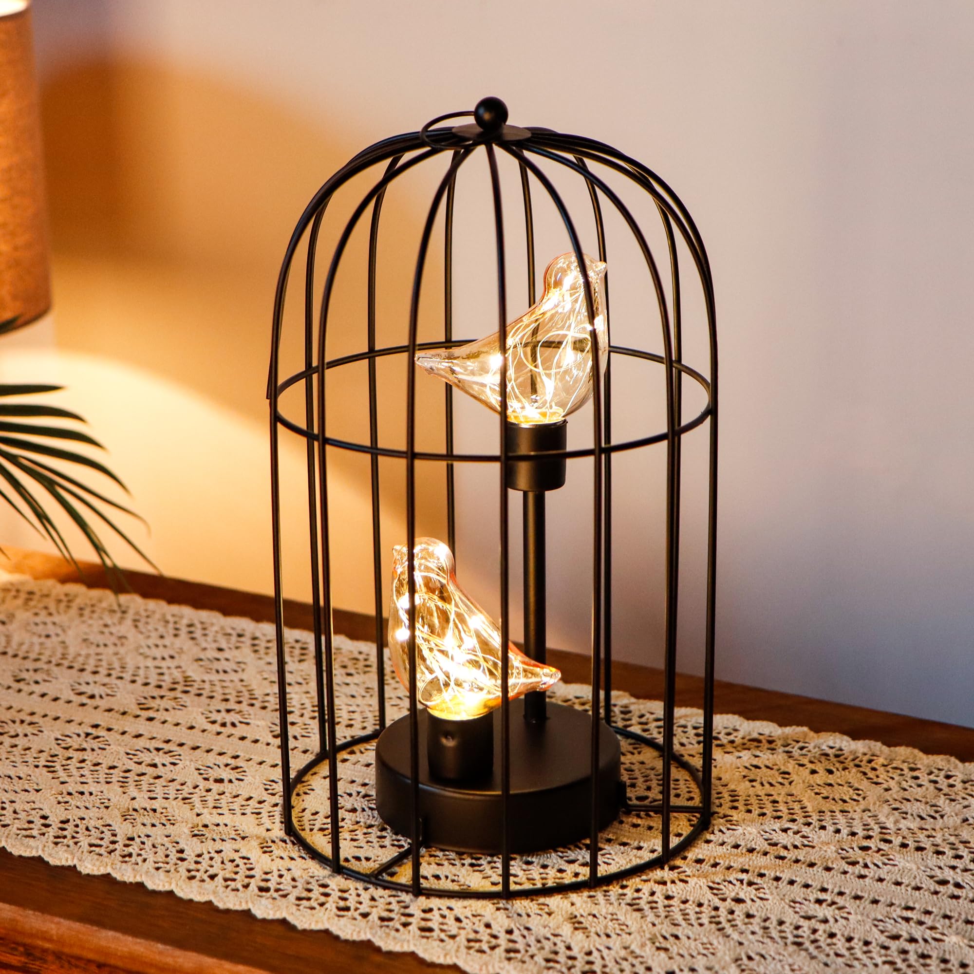 Jhy Design Birdcage Decorative Lamp Battery Operated 12" H Cordless Table Lamp With Warm White Fairy Lights Bird Bulb For Indoor Bedroom Living Room Home Wedding Xmas(Black)