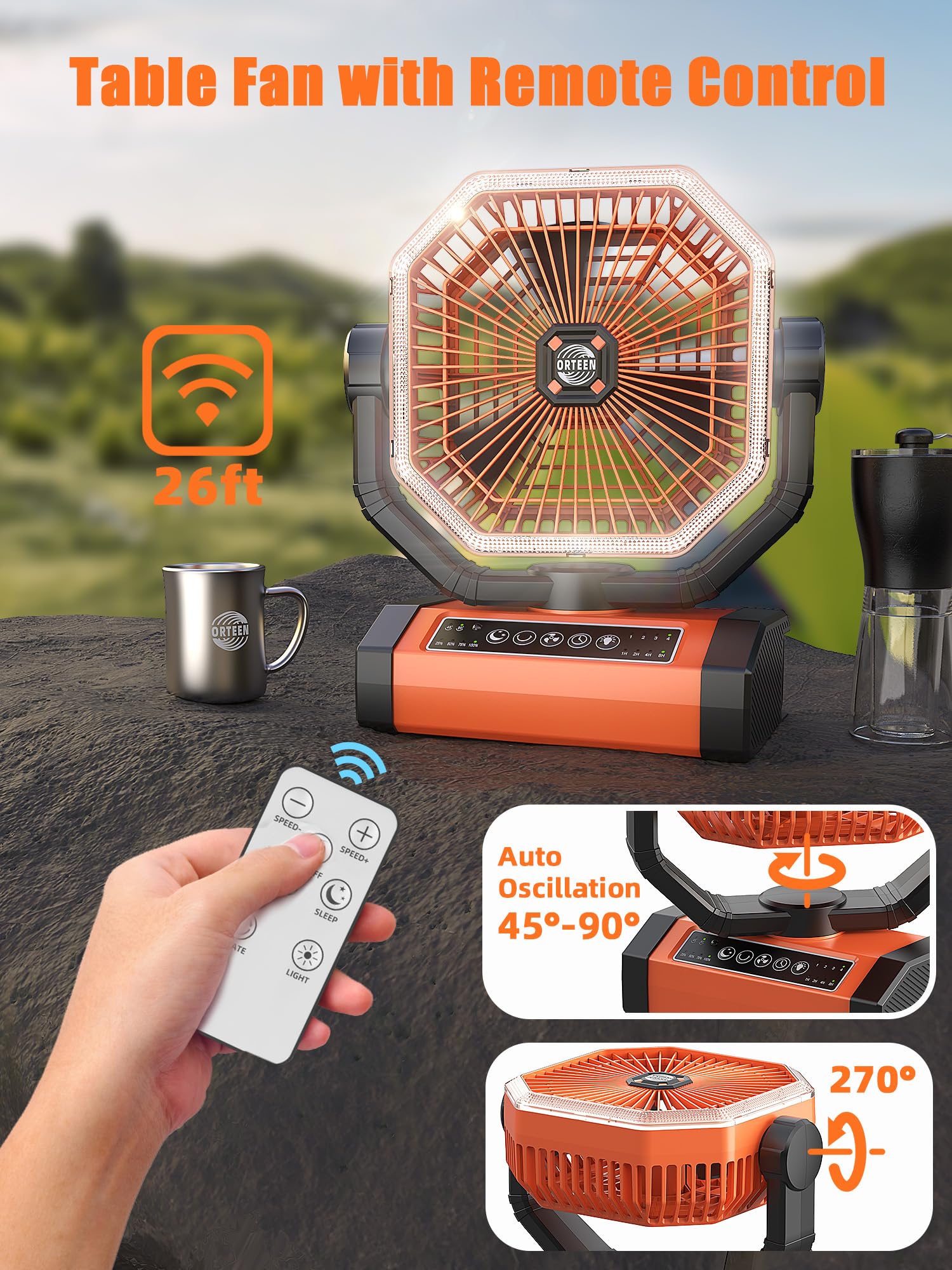 Portable rechargeable battery-powered fan, 20000mAh, offering long-lasting cooling for camping and tent use