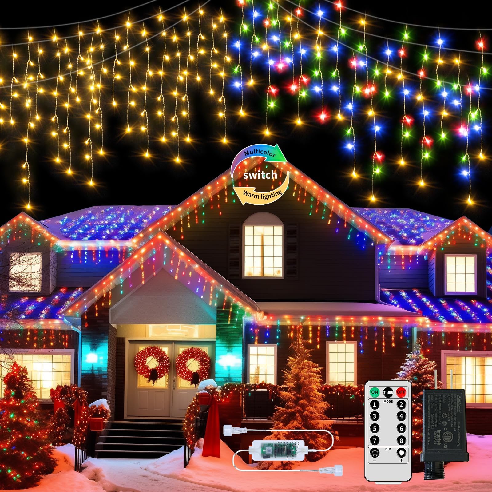 Gcmacau 600 Led Christmas Icicle Lights Plug-In, 59Ft + 16Ft Multi Color Hang Icicle String Lights With Remote, 8 Modes Colorful Twinkle Icicle Fairy Lights Waterproof For Outside Eave Window Outdoor Decor