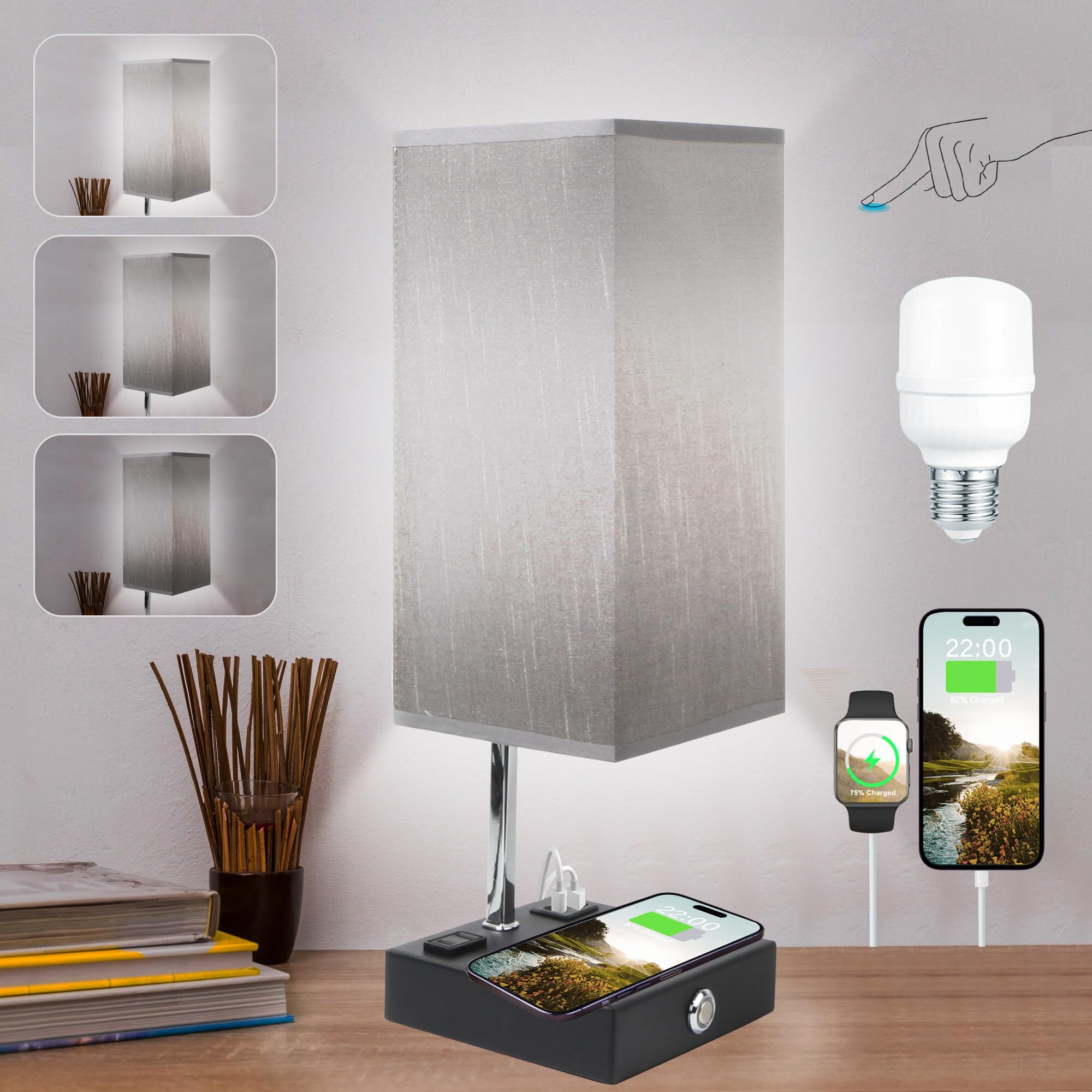 Etangervi Wireless Charging Touch Control Table Lamp, Bedside Nightstand Lamp With Usb Charging Port & Ac Outlet, 3 Brightness Levels Adjustable, Suitable For Bedroom, Living Room, Office, Led Bulb Included