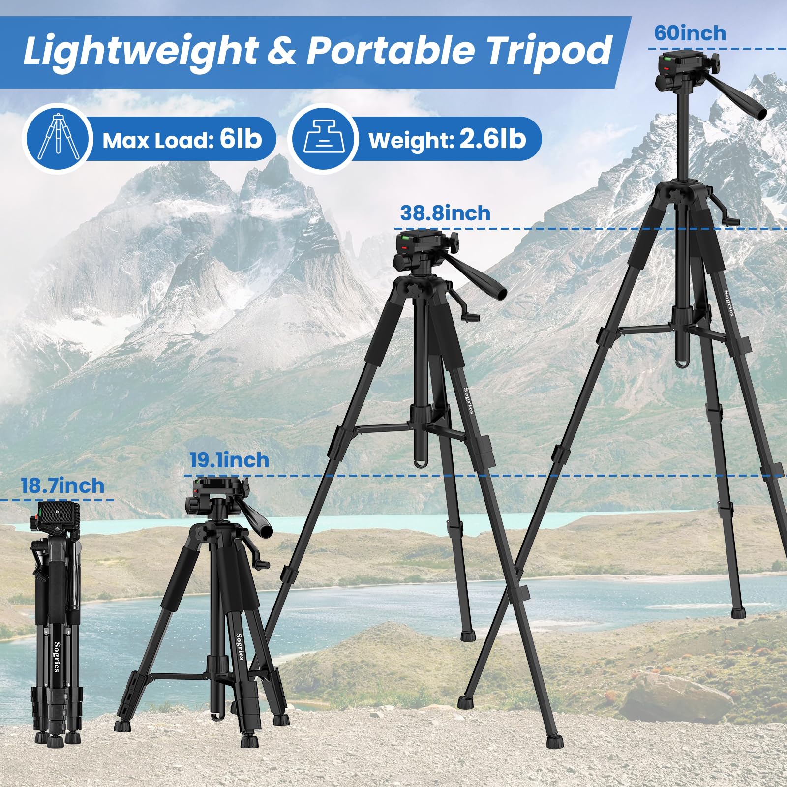 Sogries Tripod-60”Camera Tripod,Porfessional Aluminum Lightweight Travel Outdoor Tripods For Camera/Dslr/Cell Phone/Camcorder/Binoculars/Microscope