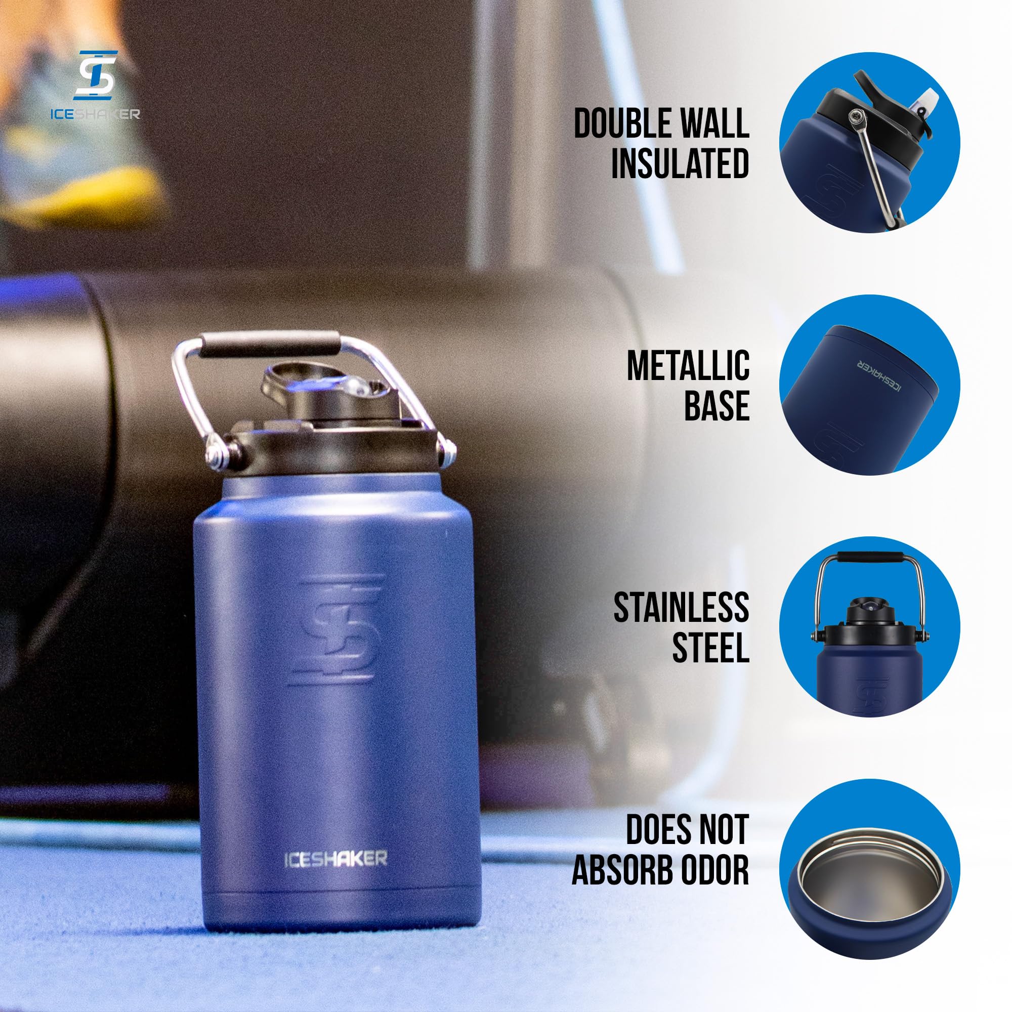 Ice Shaker Insulated Stainless Steel Gallon Water Jug  128 Oz, Navy  Stays Cold For 60+ Hours