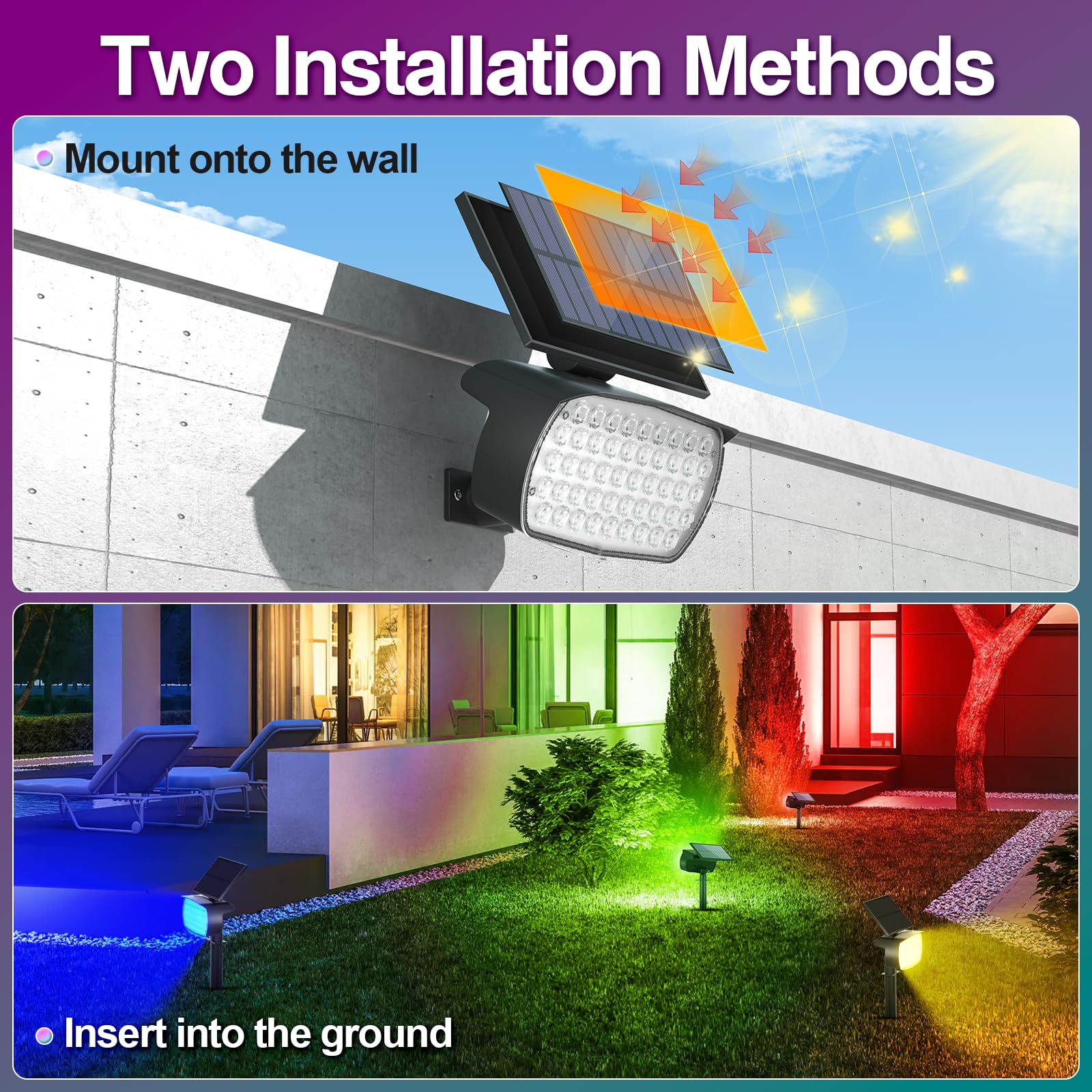 Minpea Solar Color Changing Spot Lights Outdoor, Ip65 Waterproof Christmas Lights, Multicolor Landscape Spotlights, Large Panel Powered Yard Garden Pathway Light 6 Pack