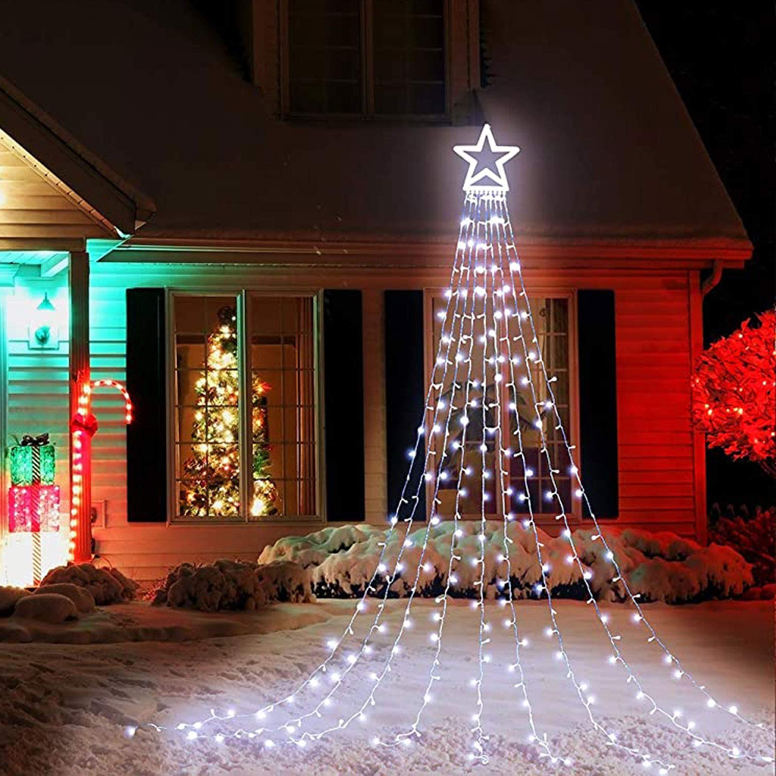 Cerflyer Christmas Decoration Lights, Outdoor Christmas String Lights 320 Led 11.5 Ft Waterfall Tree Lights With Big Star Topper 8 Light Modes For Christmas Year Holiday Garden Yard Indoor Outdoor Decor