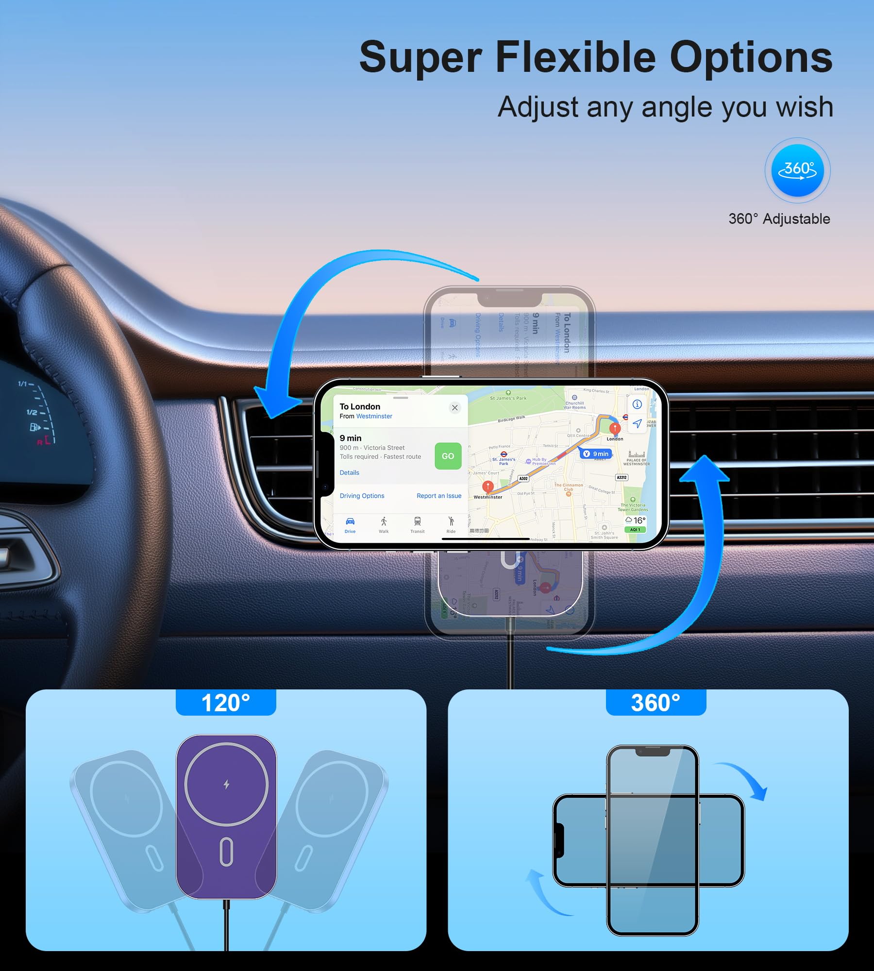 Mukiya Magnetic Wireless Car Charger, 360°Adjustable Magnetic Air Vent Mount Compatible With Magsafe Car Charger, Compatible With Iphone 15/14/13/12 Pro Max Plus Mini(Caseless), Mag Safe Case(Dark Purple)