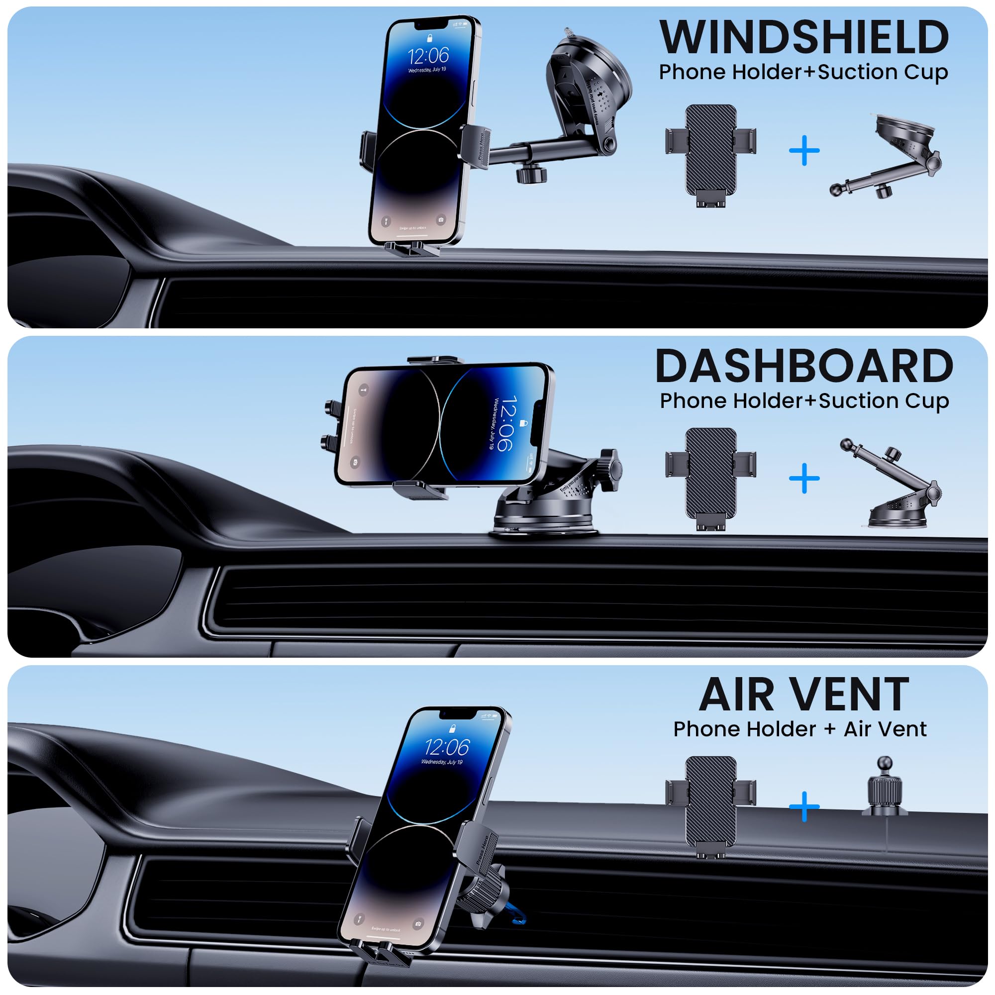 Bivgaza Phone Holder Car [Military-Grade Suction] Universal Car Phone Holder [Thick Case Friendly] Automobile Accessories Dashboard Air Vent Windshield Phone Mount Fit For Iphone Android Smartphones
