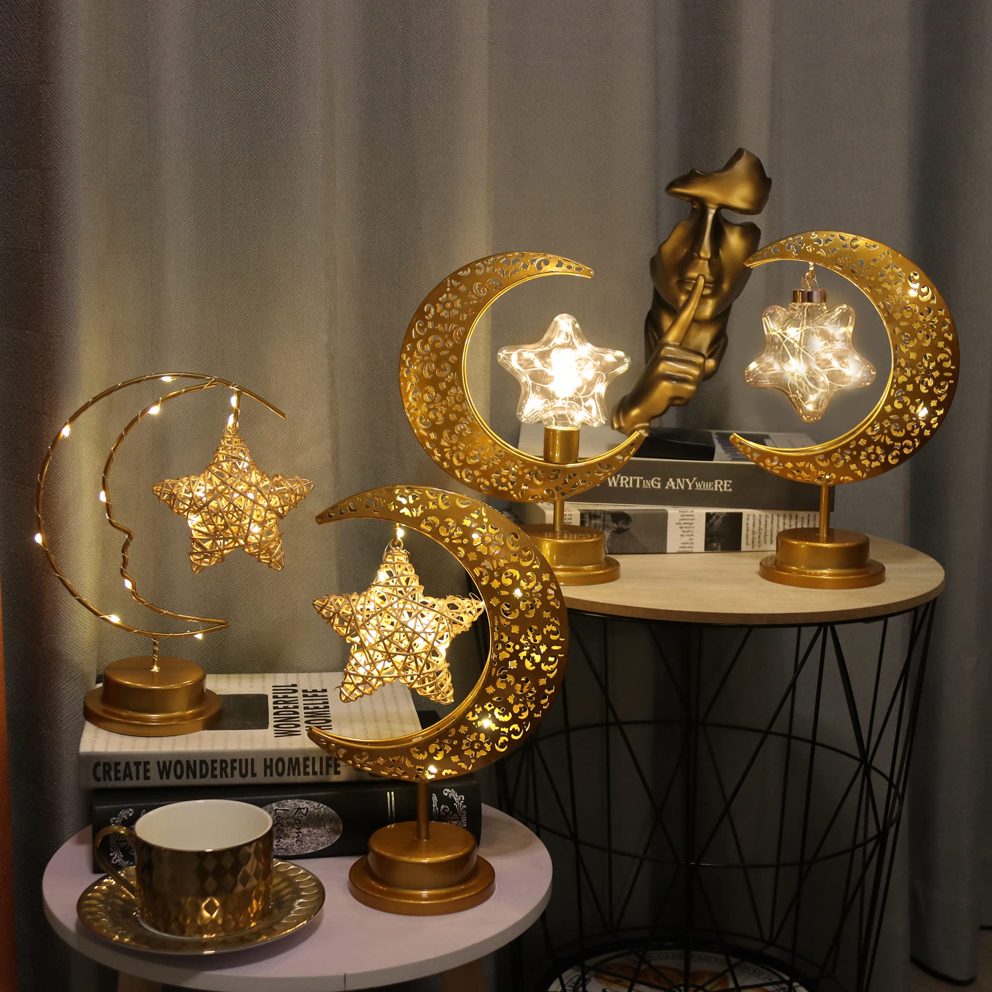 Guocheng Enchanted Lunar Lamp Moon Shaped Table Lamps, Led Crescent Night Light Magic Hanging Moon Lamp Decor, Home Bedroom Bedside Desktop Nightstand Decorative (Rattan Star)