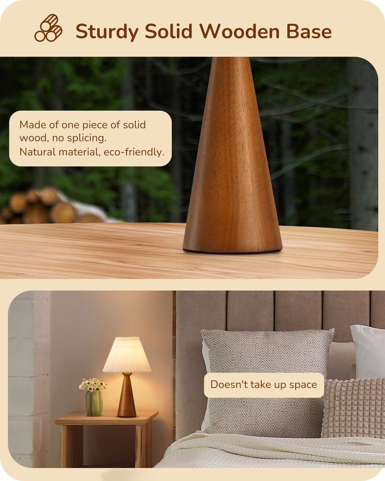 Edishine 13.58" Small Table Lamp, Wooden Base Nightstand Lamp, White Pleated Lampshade, Space-Saving Modern Bedside Lamp For Nursery Kids Room Bedroom Living Room, E26, On-Off Button, Dark Rosewood
