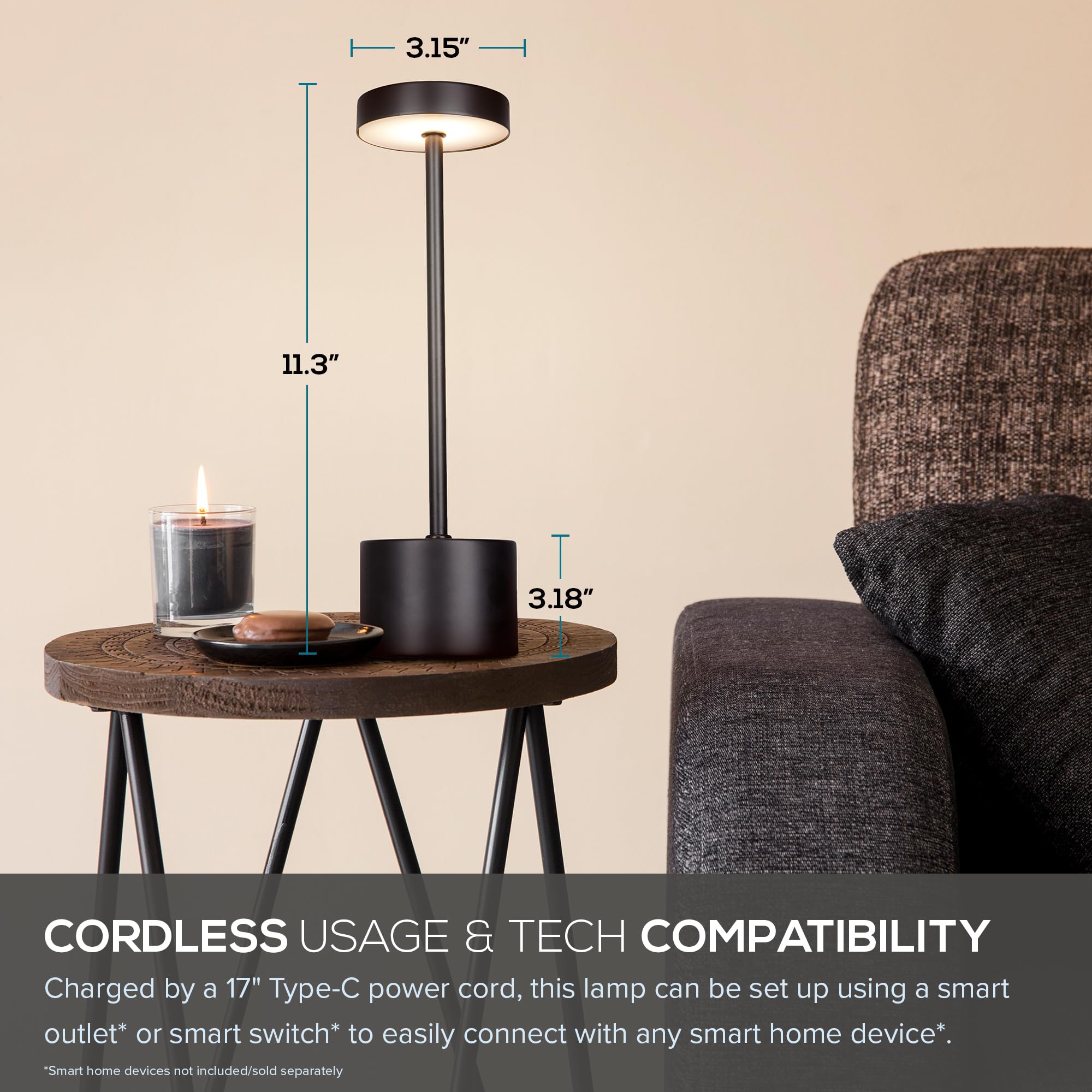 Catalina Lighting Cordless Table Lamp, Portable Led Rechargeable Metal Desk Lamp, 11" H, Black