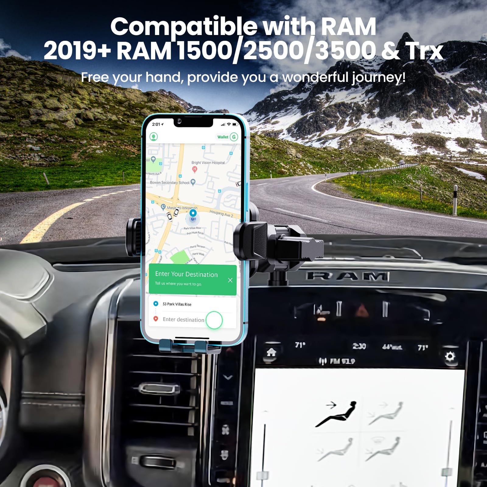 Kaishengyuan  Metal Phone Mount For Ram Truck 2019+, Dash Mount Cell Phone Holder Compatible With Dodge Ram 1500/2500/3500 & Trx, 360° Adjustable Adapter Phone Stand Fit For Most Smartphones