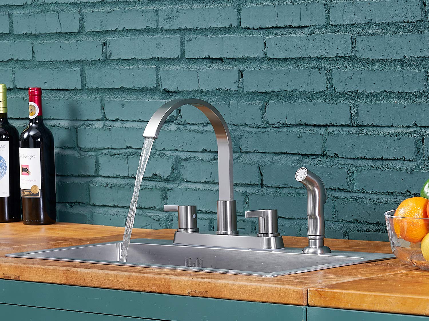 Rainmax Kitchen Faucet With Sprayer, Brushed Nickel Stainless Steel Kitchen Sink Faucet With Side Sprayer, 3 Hole Or 4 Hole Faucet For Kitchen Rv Laundry Utility Sink Kmf027L-5