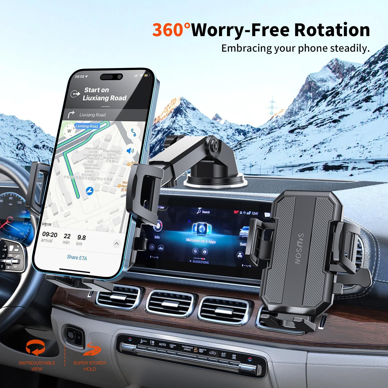 Suuson  3-In-1 Car Phone Holder Mount [Powerful Suction] Phone Mount For Car Dashboard Air Vent Windshield,For All Iphone Android Phone (Black)