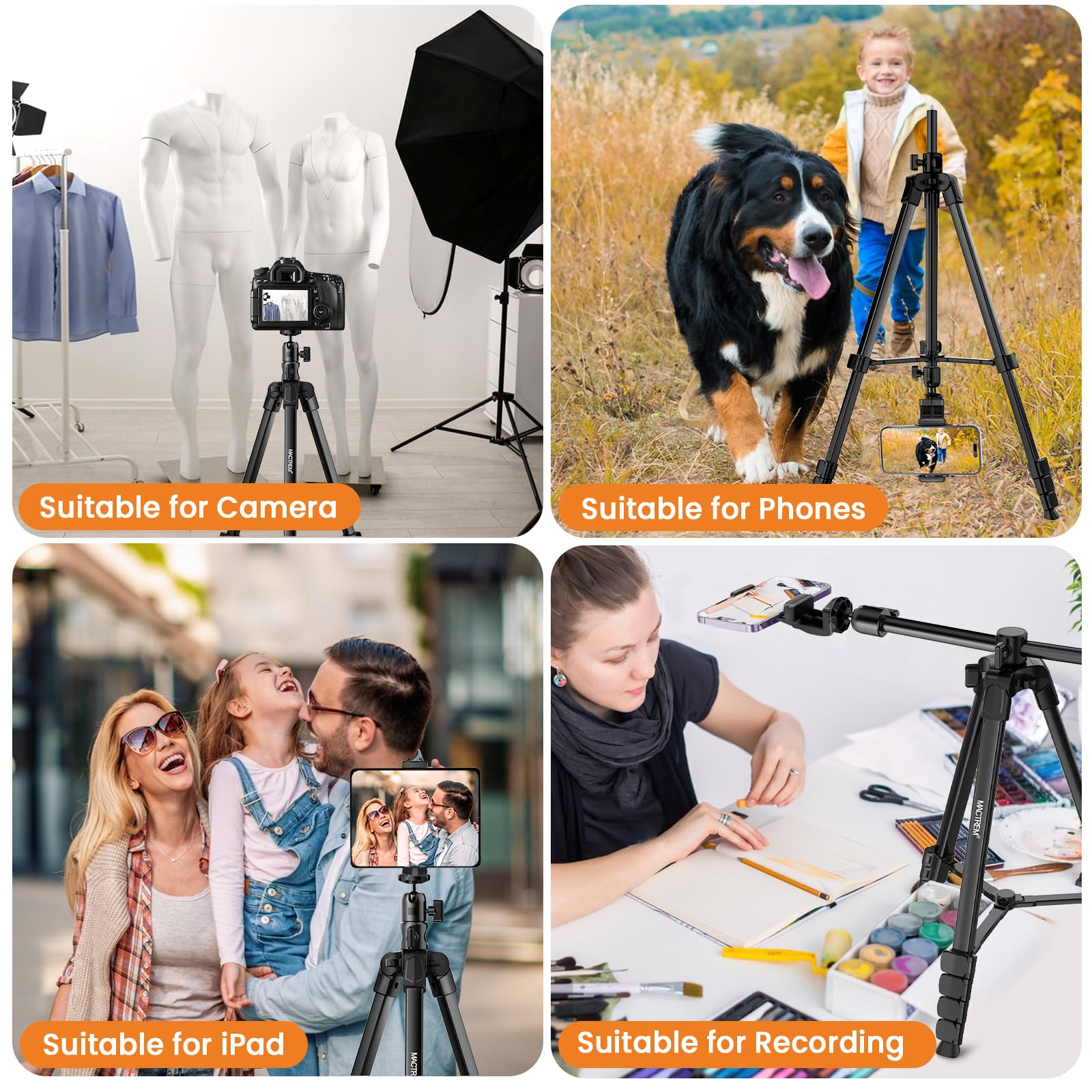 Mactrem Phone Tripod With Selfie Stick, 70" Horizontal Overhead Tripod For Iphone Ipad, Camera Tripod Stand With Wireless Remote For Video Recording/Selfies/Live Stream/Vlogging