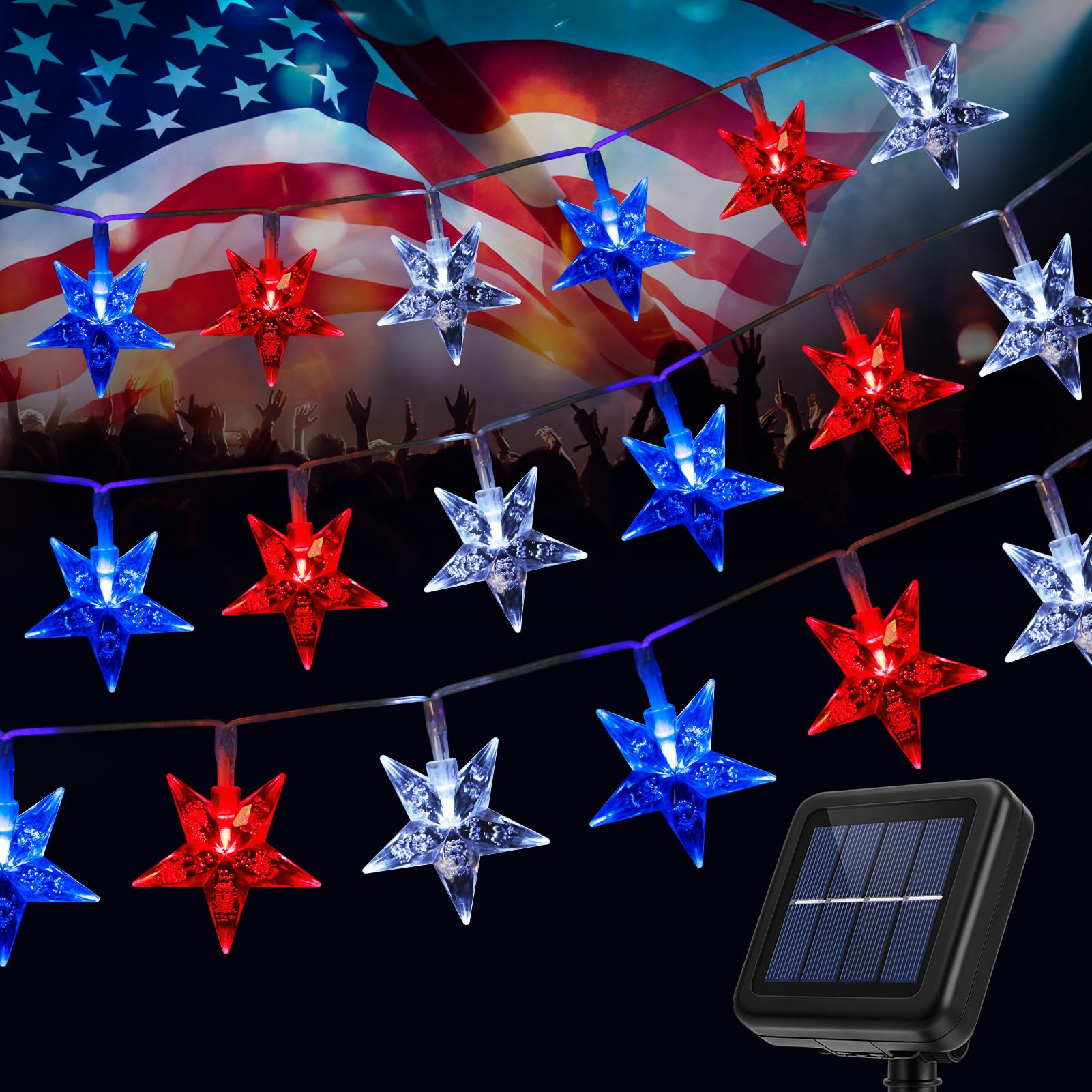 Reyeeinc Solar 4Th Of July String Lights, 100 Stars And 39.4Ft Outdoor Waterproof Red White And Blue Lights, Solar Battery Operated Fourth Of July Patriotic Lights For Golf Cart, Camping, Outside Decorations