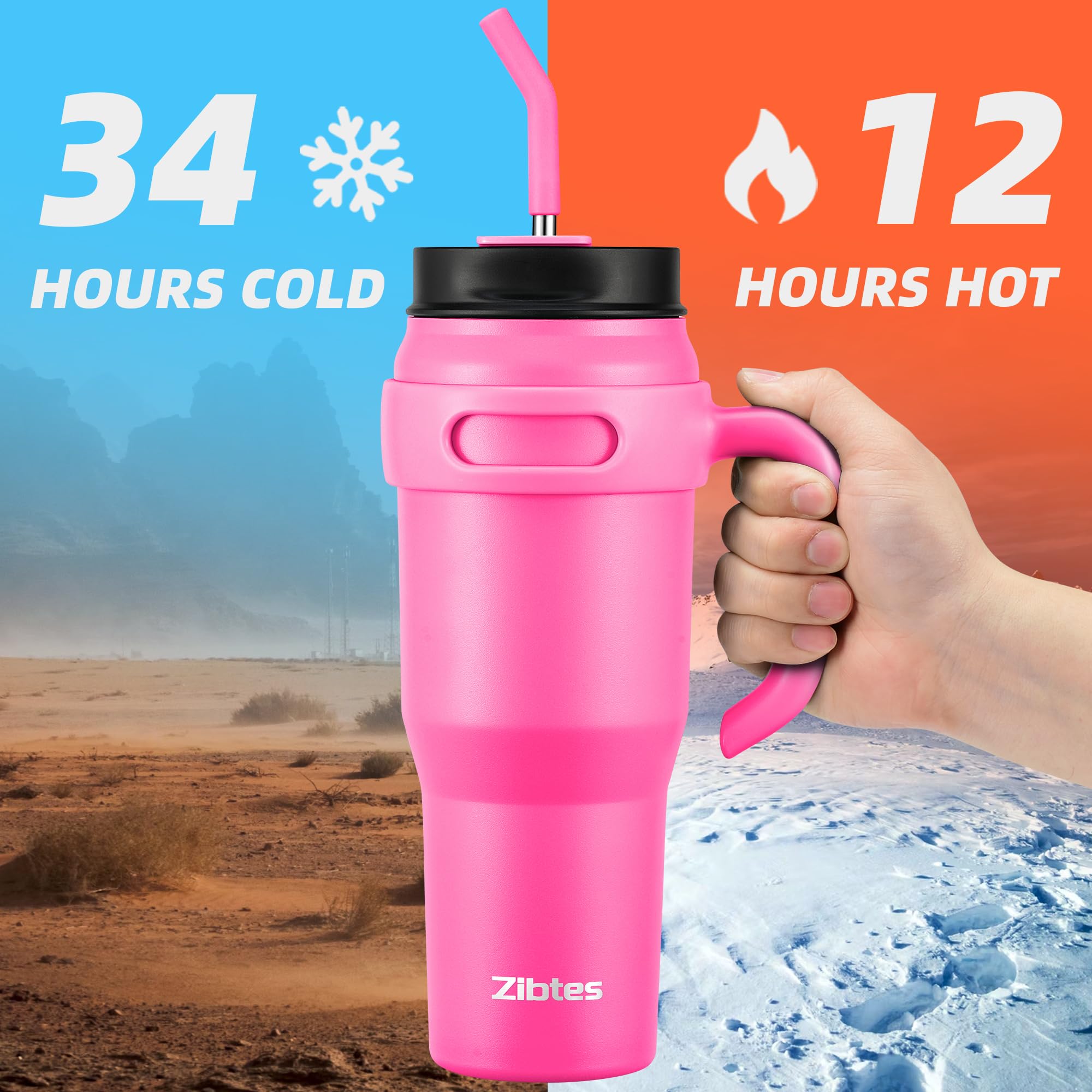 Zibtes 40 Oz Insulated Tumbler With Handle And Straws Lid, Stainless Steel Travel Coffee Cup Holder