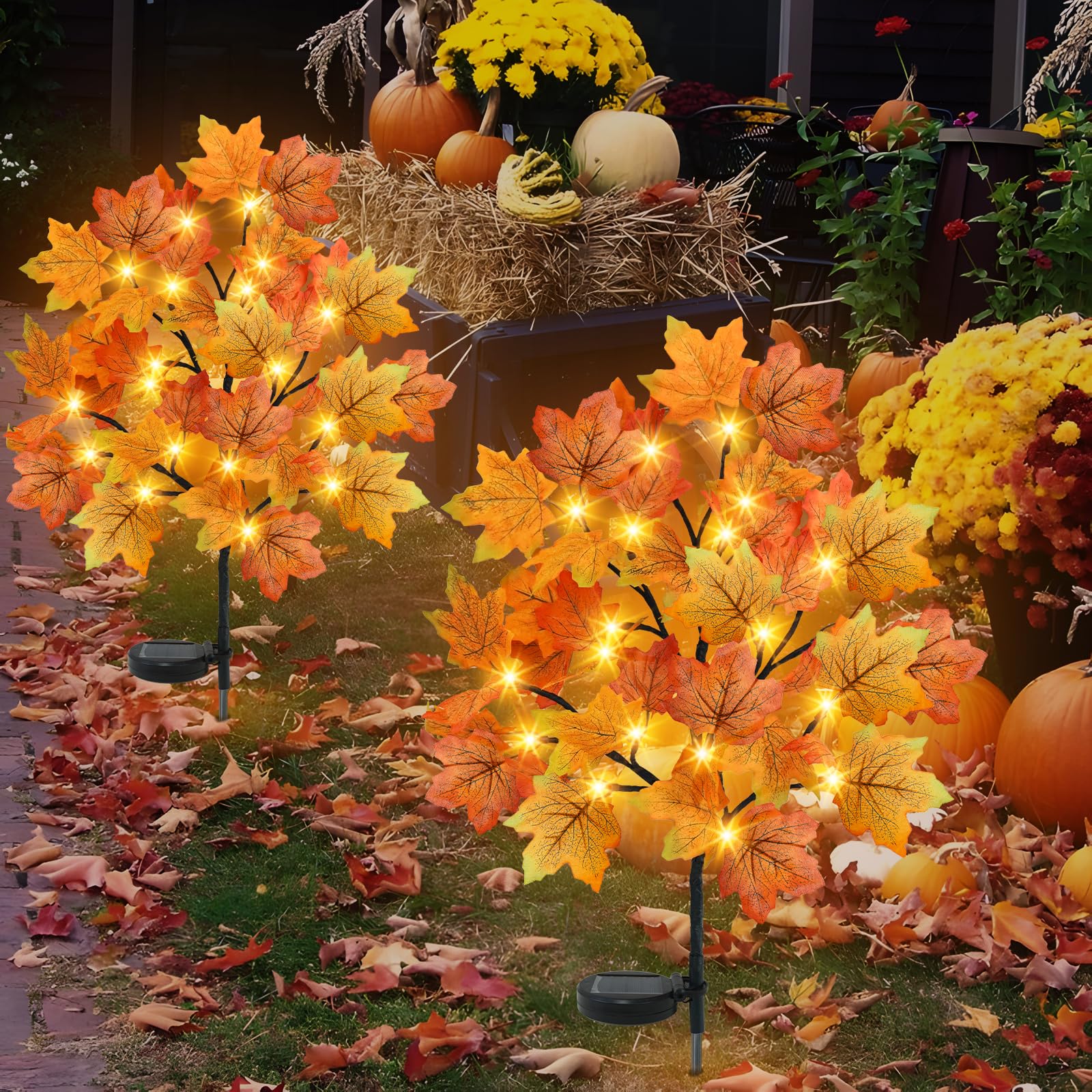 Torontokyo 2 Pack Fall Solar Outdoor Lights, Fall Decor 40 Led Maple Leaves Solar Stake Light With 8 Modes, Waterproof Fall Garden Lights Thanksgiving Decorations For Autumn Yard Pathway Outside