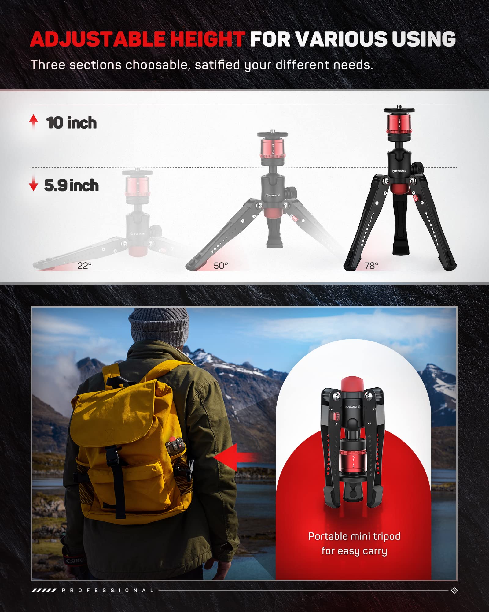 Ifootage Small Tripod And Tool Hook Red, Professional Mini Tripod For Photography, Tabletop Tripod For Photography, Aluminum Heavy Duty, Desktop Tripod Compatible With Sony, Nikon, Canon Dslr Camera,