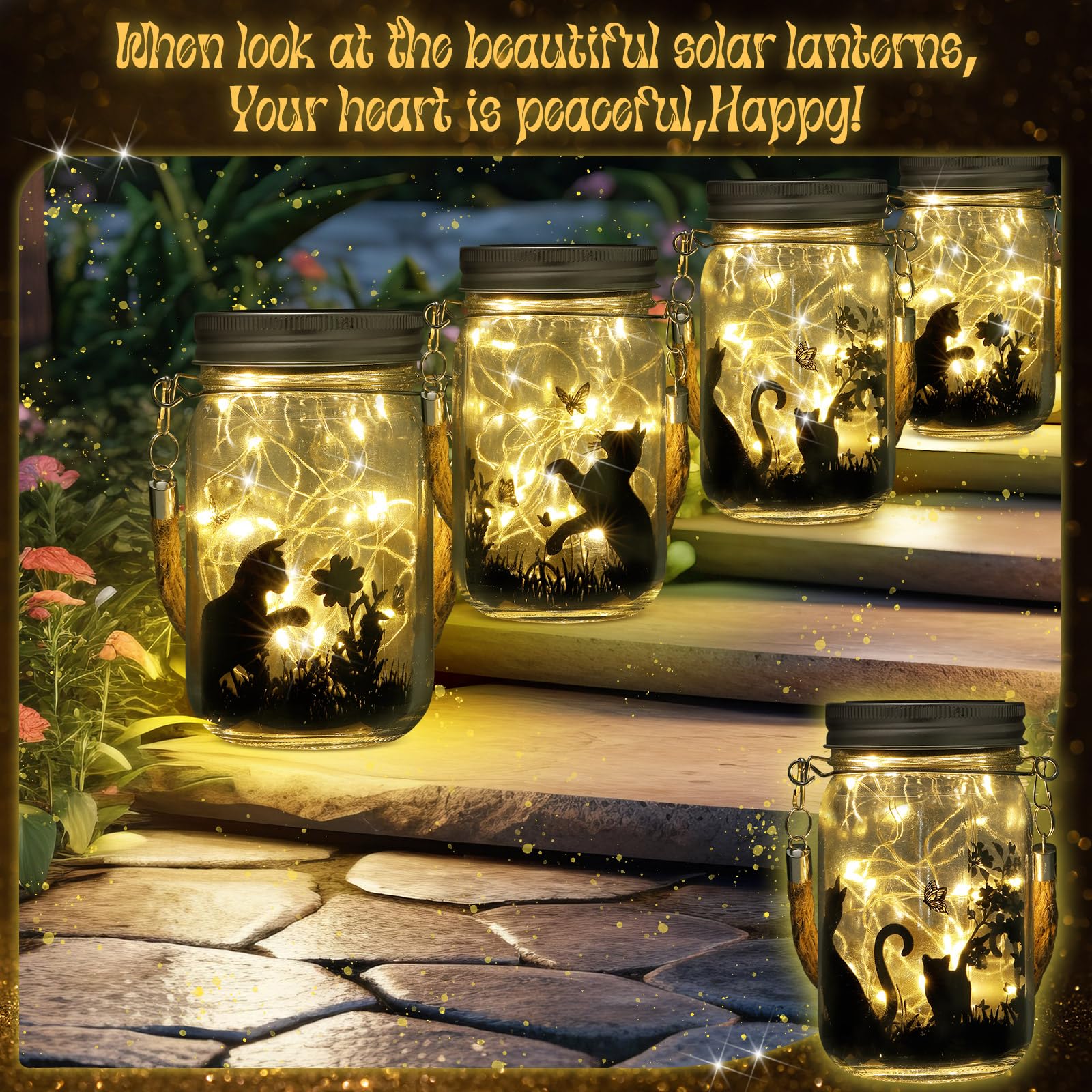 Jingmore 3 Pcs Fairy Hanging Lanterns Solar Lantern Cat Dog Butterfly Solar Outdoor Yard Lawn Garden Decor Jar Lights For Mom Women Cat Dog Lovers  Tree Patio Lawn Table(Cat)