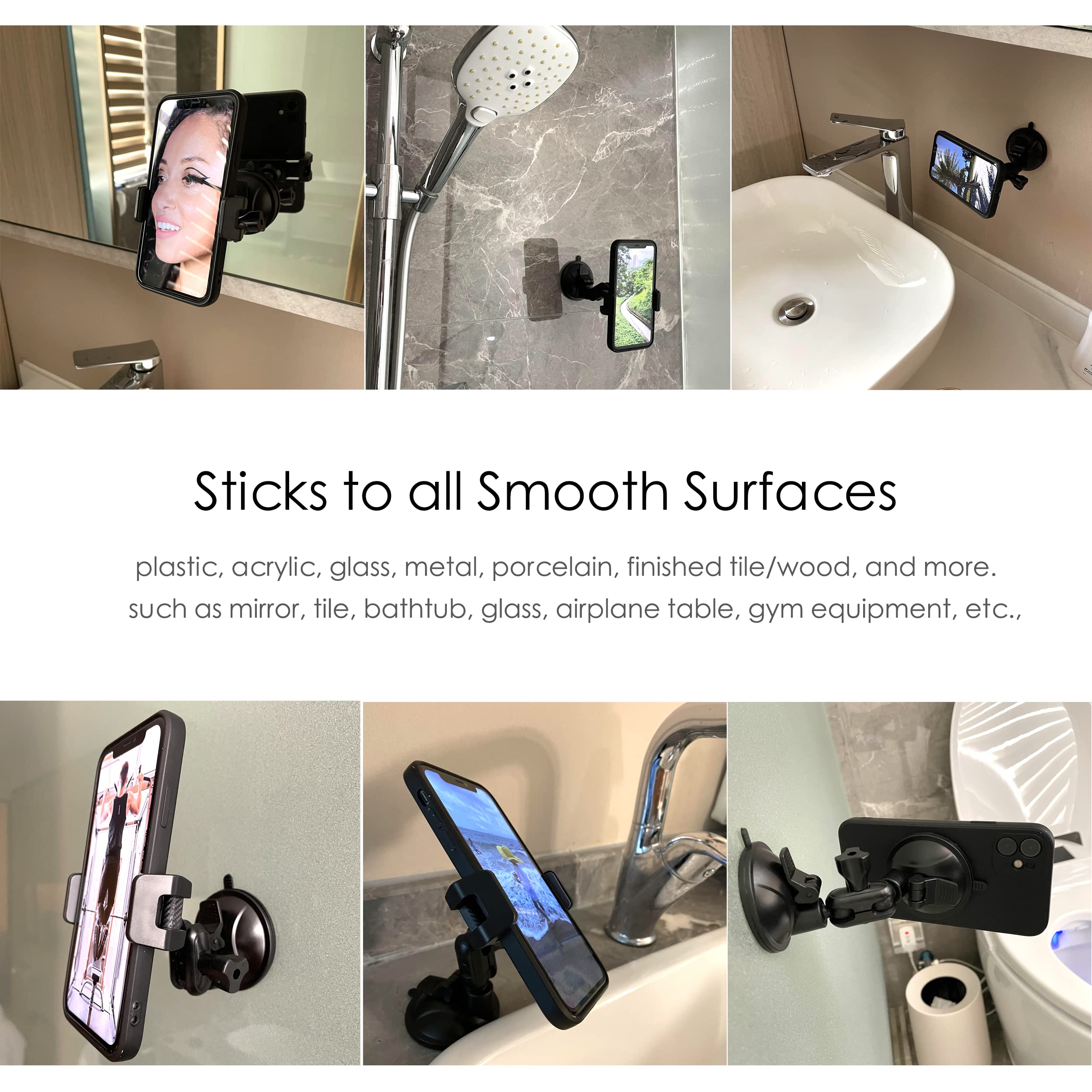 Quyee Universal Mirror Shower Phone Holder, Multi-Directional Dual 360 Degree Rotating Suction Cup Phone Wall Mount Stand, Tiktok Youtube Vlog Video Recording Kit, Airplane Travel Essentials Accessories