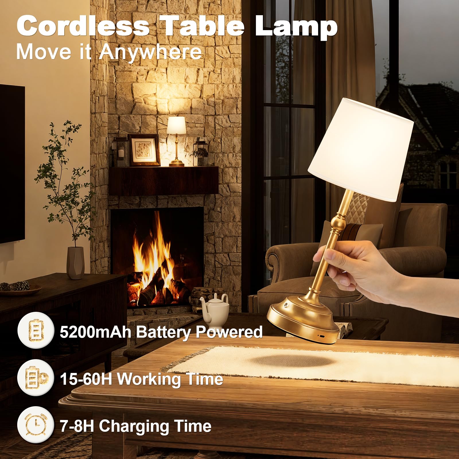 Volisun Cordless Table Lamp, 2 Pack 5200Mah Battery Operated Lamp, Touch Dimmable Wireless Lamp Bedside Light For Bedroom, Living Room, Dining Room (Gold)
