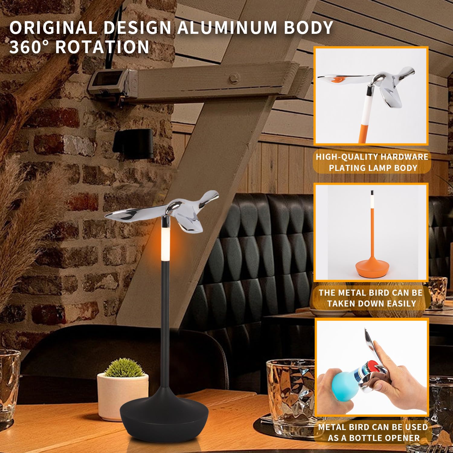 Yoowarm Small Cordless Table Lamp,Rechargeable Led With Funny Bird Corkscrew,Touch Dimmable Bedside For Restaurants And Dining Home Indoor/Outdoor, Children'S Day, Mother'S Day ，Art Deco Lamps, Bar