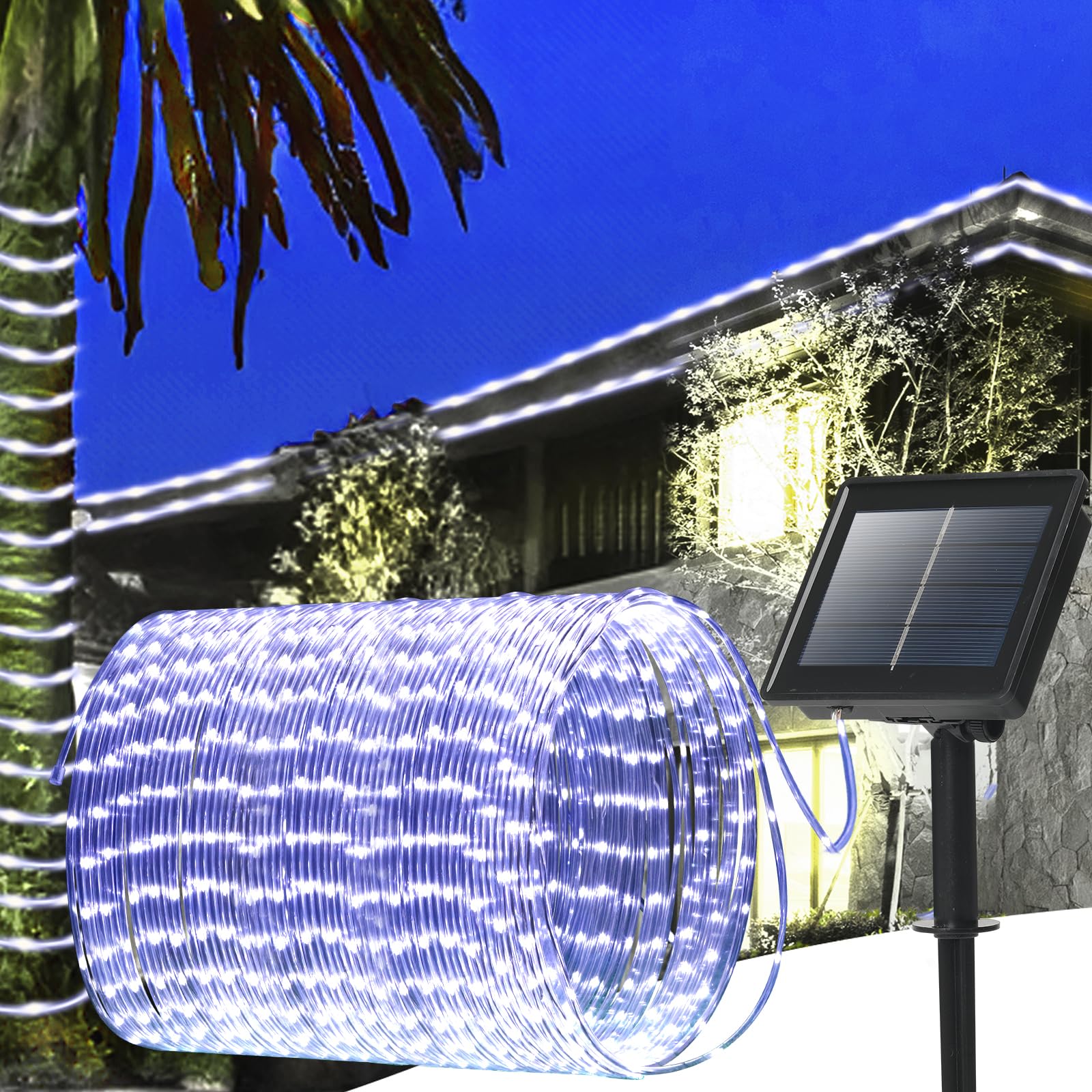 Lhylds 200 Led Solar Rope Lights Outdoor, 72Ft Solar String Lights Indoor Waterproof Solar Powered Trampoline Light Clear Tube Pool Light For Camping Fence Yard Walkway Path Garden Outside Decor（White