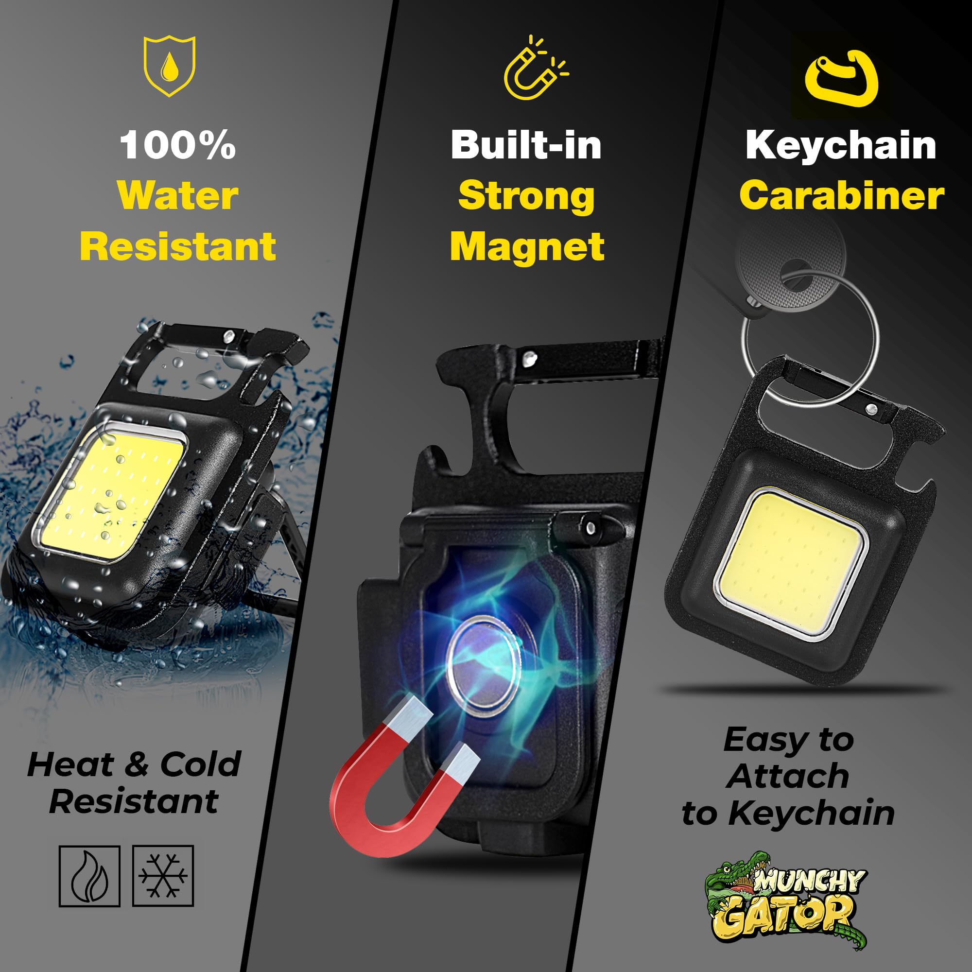 Munchy Gator Cob Keychain Flashlight  Mini Rechargeable Work Light  4 Brightness Modes  Usb-C Charging  Magnetic Base Folding Bracket  Emergency Light, Everyday Carry, Fishing, Outdoors  2-Pack