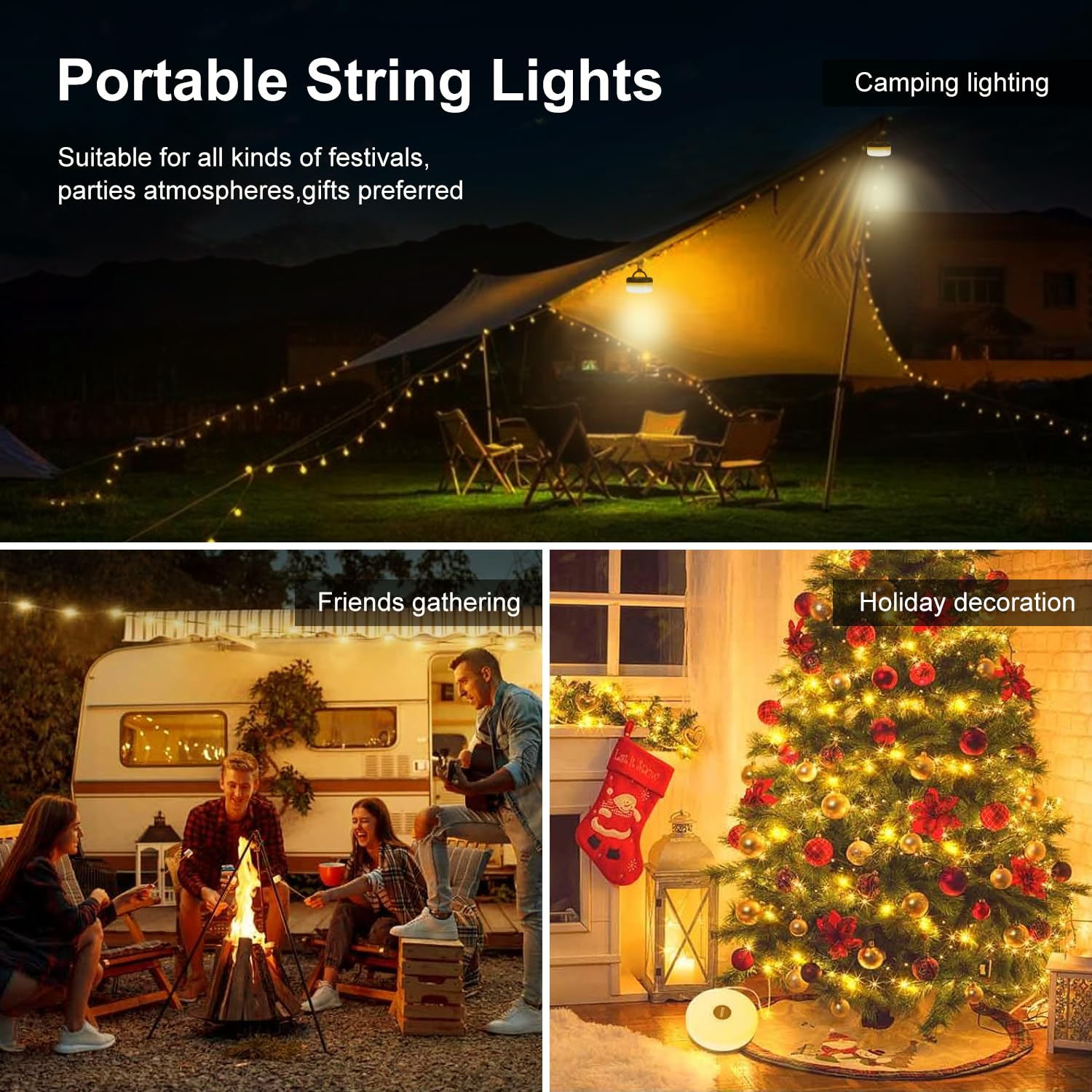 Vecoter Solar Camping String Lights 1-Pack, 2 In 1 Rechargeable Camping Lights With 5 Modes, Waterproof Portable Tent Lighting For Outdoor Hiking Garden Party Festival Decor, 32.8Ft