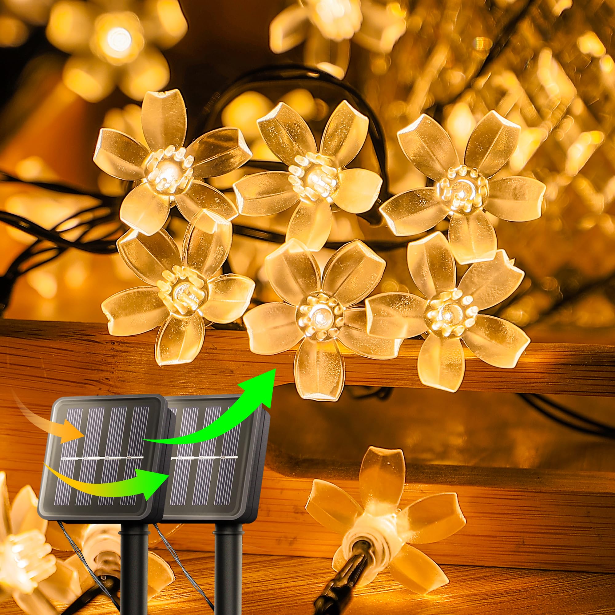 Oopswow Solar Flower String Lights,2Pack 50 Led Solar Fairy Light Outdoor Waterproof,Cherry Blossoms String Lights For Fence Patio Yard Christmas Tree,Lawn,Patio,Garden Decoration(Warm White)