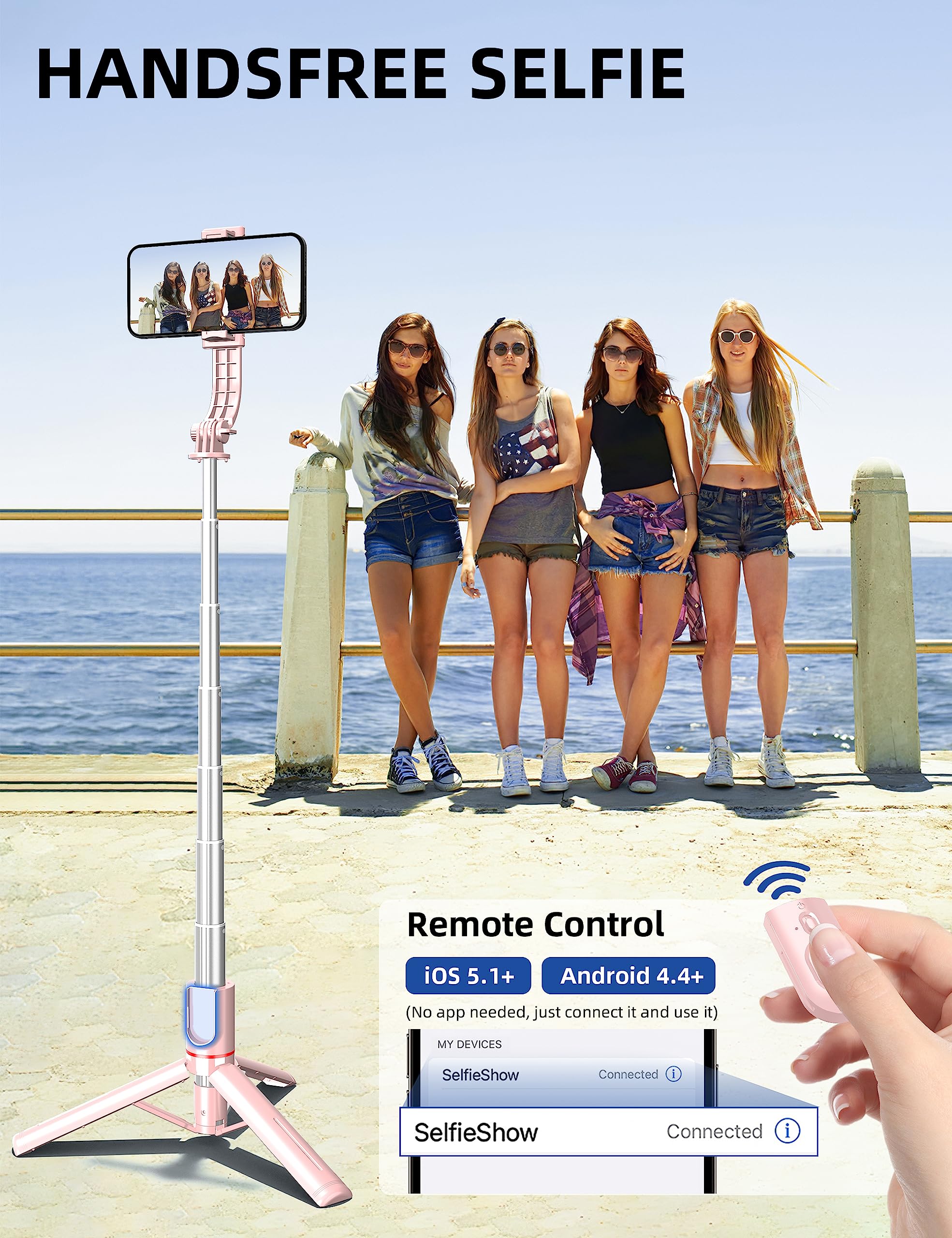 Selfieshow 41'' Phone For Tripod, Selfie Stick Tripod Stand With Wireless Remote Extendable Aluminum Cell Phone Tripod Stand 360°Rotate Lightweight & Portable Tripod Compatible With Iphone/Android (Pink)