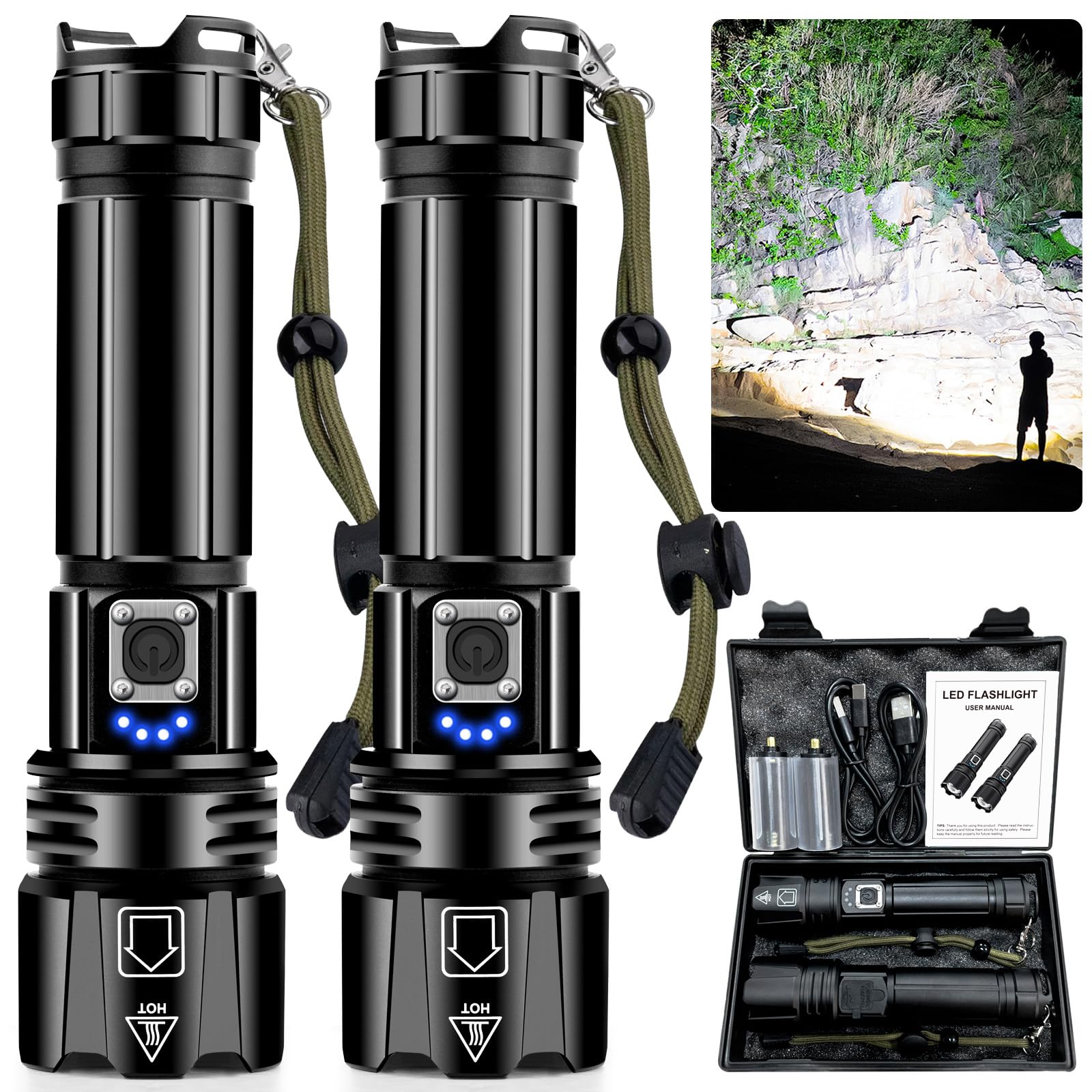 Ankra 990000 Lm Rechargeable Led Flashlight, High Lumens Xhp70.2, 5 Modes Zoomable,Waterproof,Usb Output Power Bank,Tactical Flashlight For Camping,Hiking,Emergencies (2-Pack)
