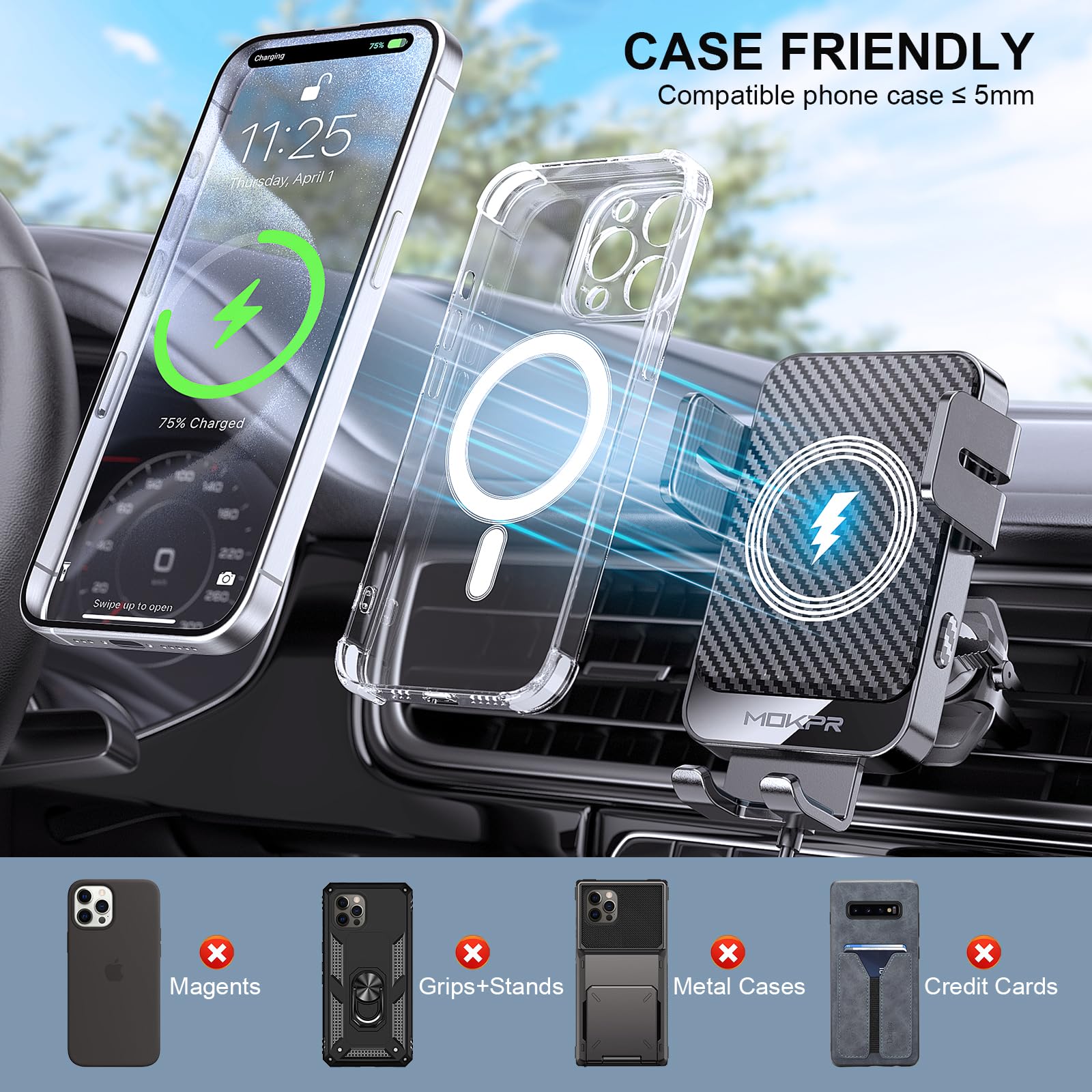 Mokpr Wireless Car Charger, 15W Fast Charging Auto-Clamping Car Charger Phone Mount Air Vent Cell Phone Holder Compatible Iphone 16/15/14/13/13 Pro/12 Pro/12/11, Samsung Galaxy S23/S22/S21/S20, Etc