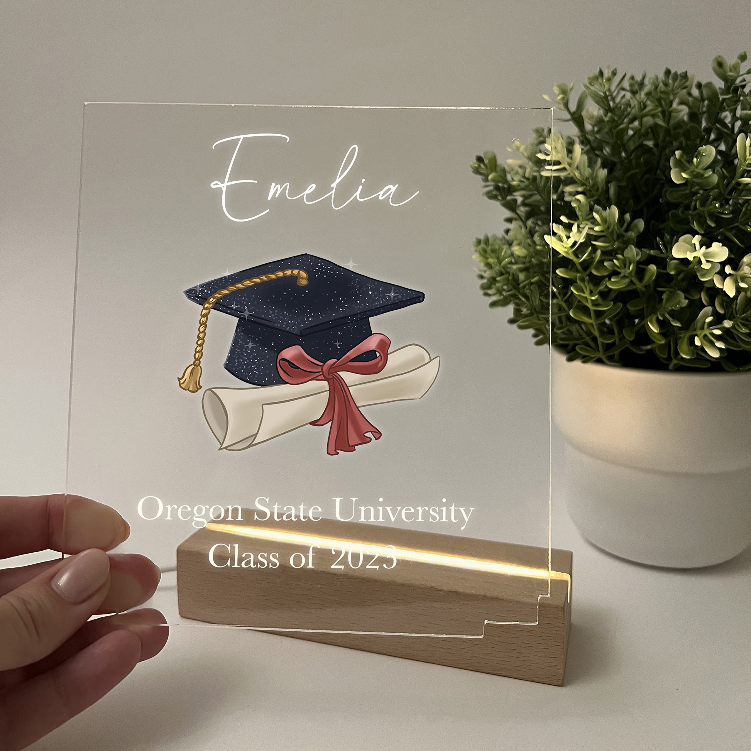 Mirror Mania Personalized Frame Light Up Table Lamp Wood Base Stand Plaque Led Desk Stand Custom Graduation Cap Diploma Class Of Graduating Year High School University College Graduate Congrats