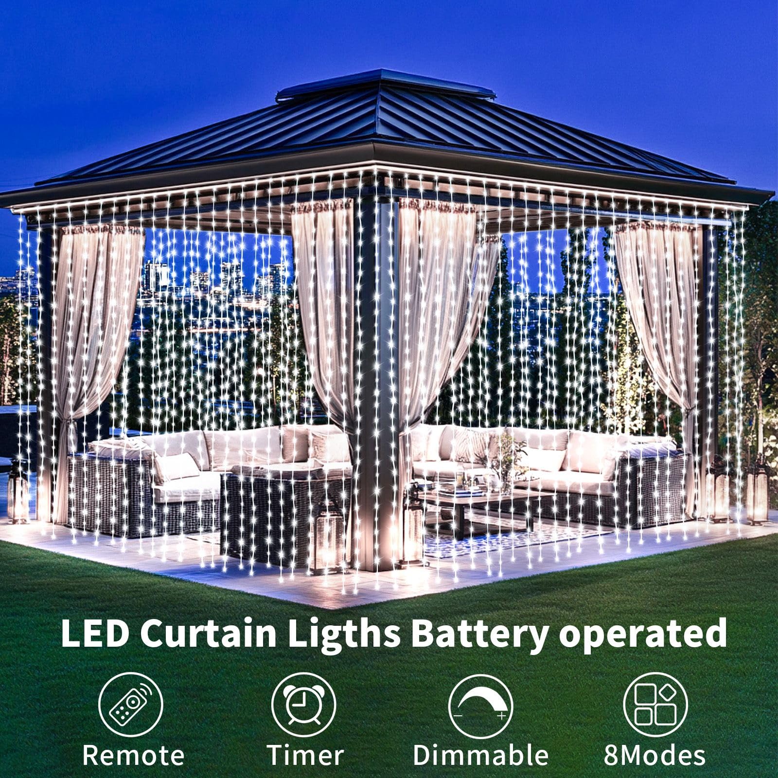 Ryblgled 300 Led Curtain Lights Battery Operated, 2Pack 10Ftx10Ft Battery Power Fairy Curtain String Lights With Remote Timer, For Outside Patio Backdrop Indoor Bedroom Wedding Decor Cool White
