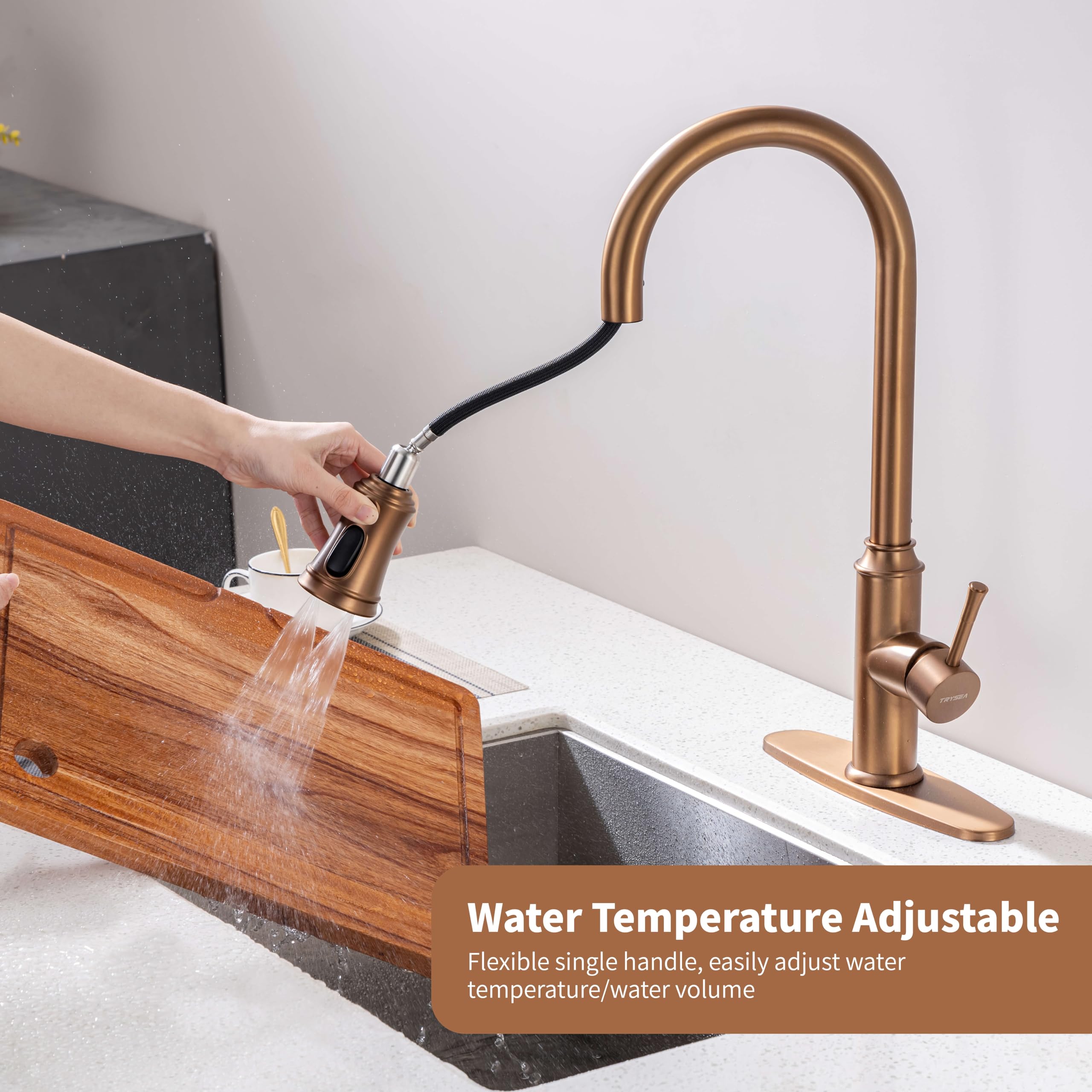 Trysea Rose Gold Kitchen Faucet With Pull Down Sprayer,Stainless Steel Gold Kitchen Faucet With Sprayer,High Arc Gold Faucets With Deck Plate For 1 Hole & 3 Holes Kitchen Sink