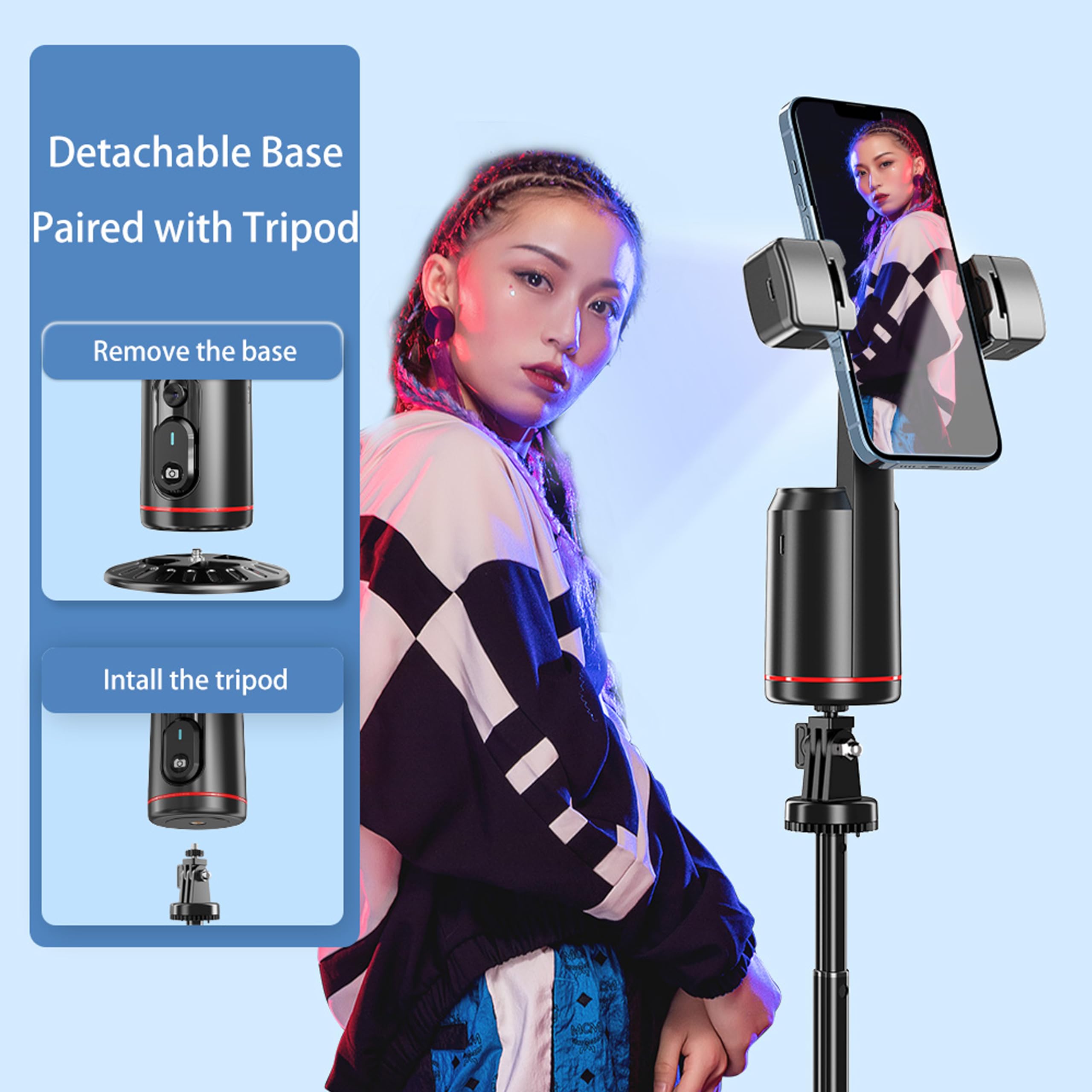 Mqouny Auto Face Tracking Phone Holder, 360° Rotation Face Body Phone Tripod Smart Shooting Camera Mount With Rechargeable Remote And Light For Live Vlog Streaming Video, Rechargeable