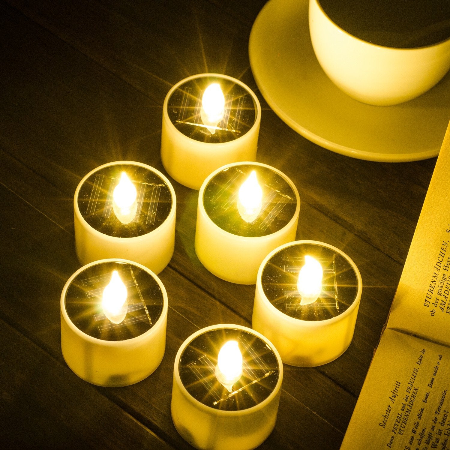 Soulbay 6Pcs Solar Power Tea Lights Outdoor Candle Flameless Flicker Ip65 Waterproof Rechargeable Led Candles With Dusk To Dawn Sensor For Lantern Garden Camping Party Home Decorations, 2.3" X 2"