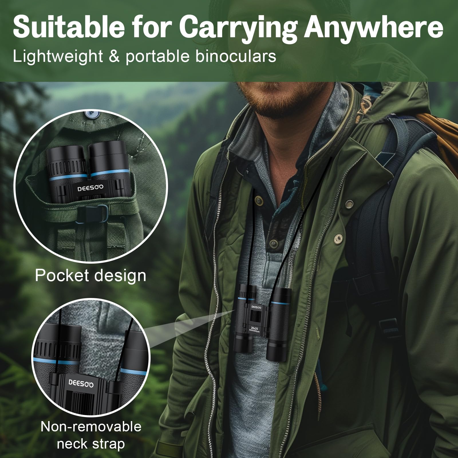 Deesoo 20X25 Binoculars For Adults High Powered - Compact Binoculars For Adults And Kids - Easy Focus For Bird Watching Cruise Travel Concerts Hiking