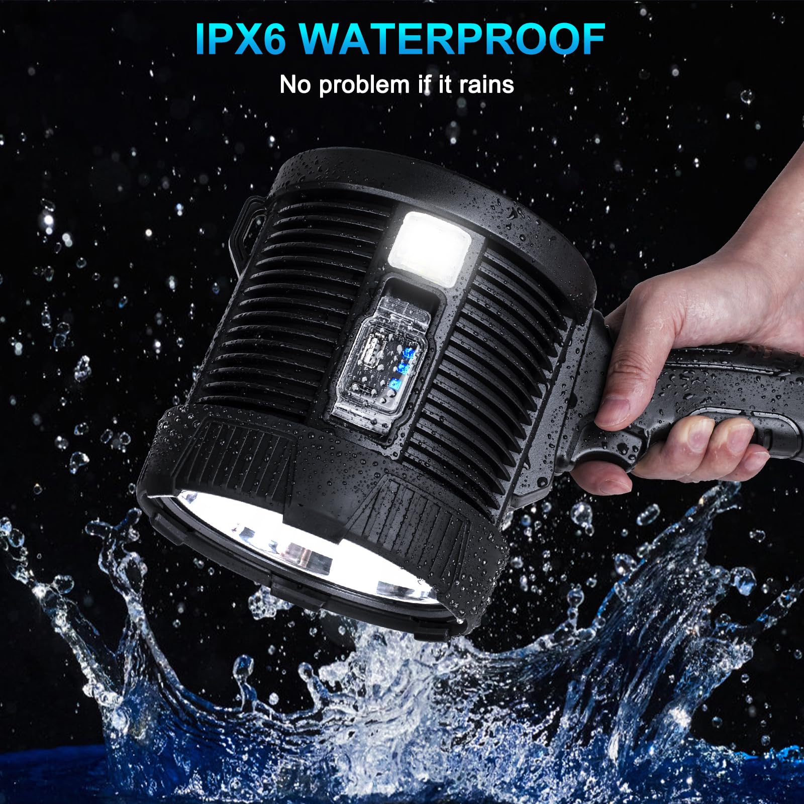 Crazybrace Spotlight Flashlight Outdoor, 990,000 Lumen Brightest Rechargeable Spotlight With Solar Panels & 6 Modes, Powerful Led Spotlights 30H Long Runtime, Large Handheld Spot Light For Boating Hunting